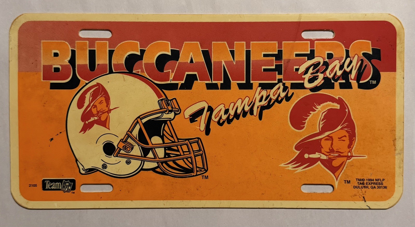 Vintage Tampa Bay Buccaneers Booster License Plate 1994 NFL Sign Tag