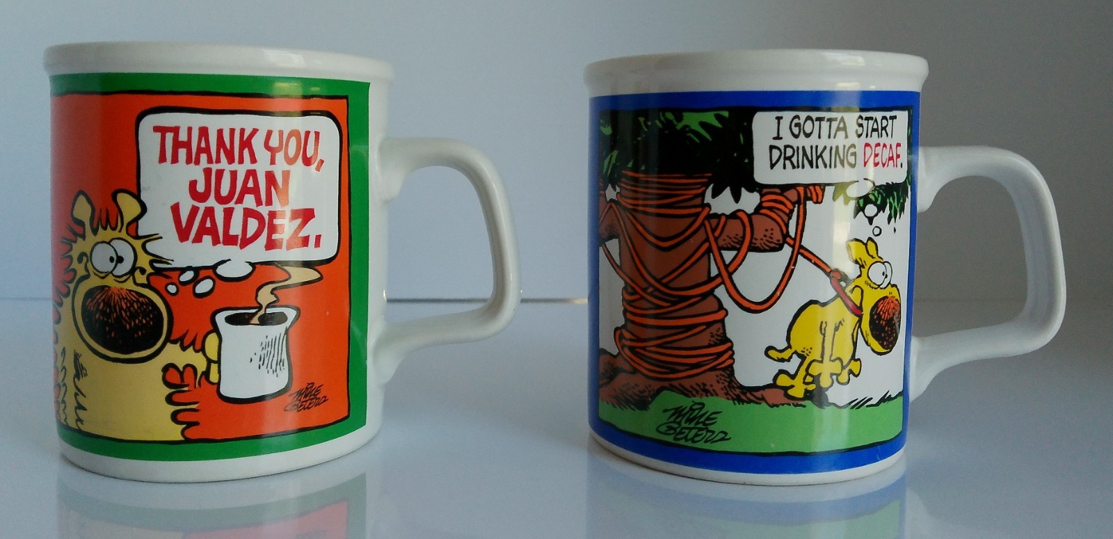 Lot 2 GRIMMY Thank You Juan Valdez & Gotta Start Drinking Decaf Coffee Mugs 1988