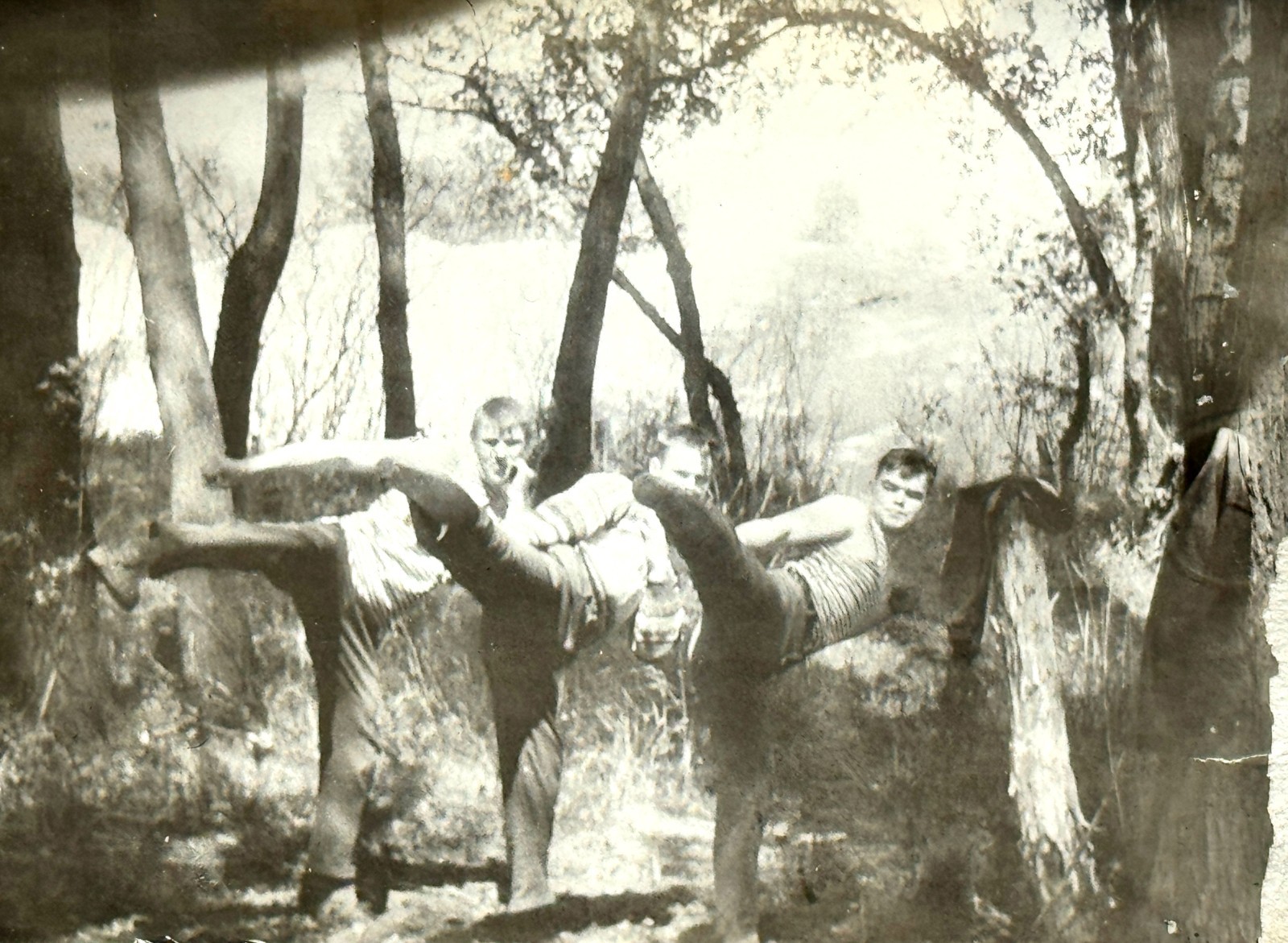 1970s Three Men Karate Kick Martial Arts Forest Soviet Vtg Snapshot Photo B&W