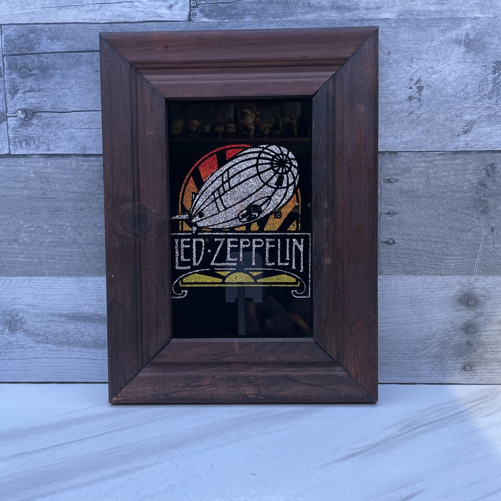Vintage 1970s/80s Led Zeppelin Airship Carnival Prize Glass Mirror Wood Frame5x8