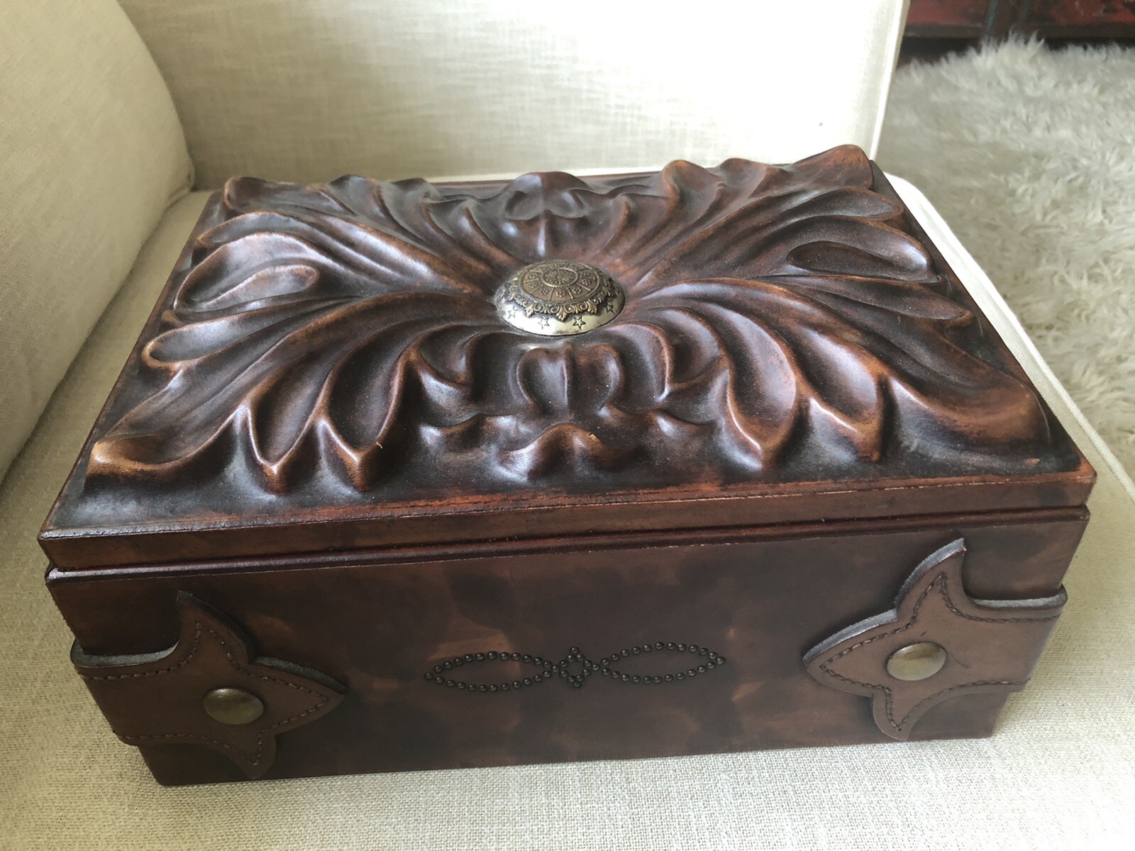 1 Of A Kind. Hand Carved Wood Box/Jewelry/Trinkets Covered in Leather. New