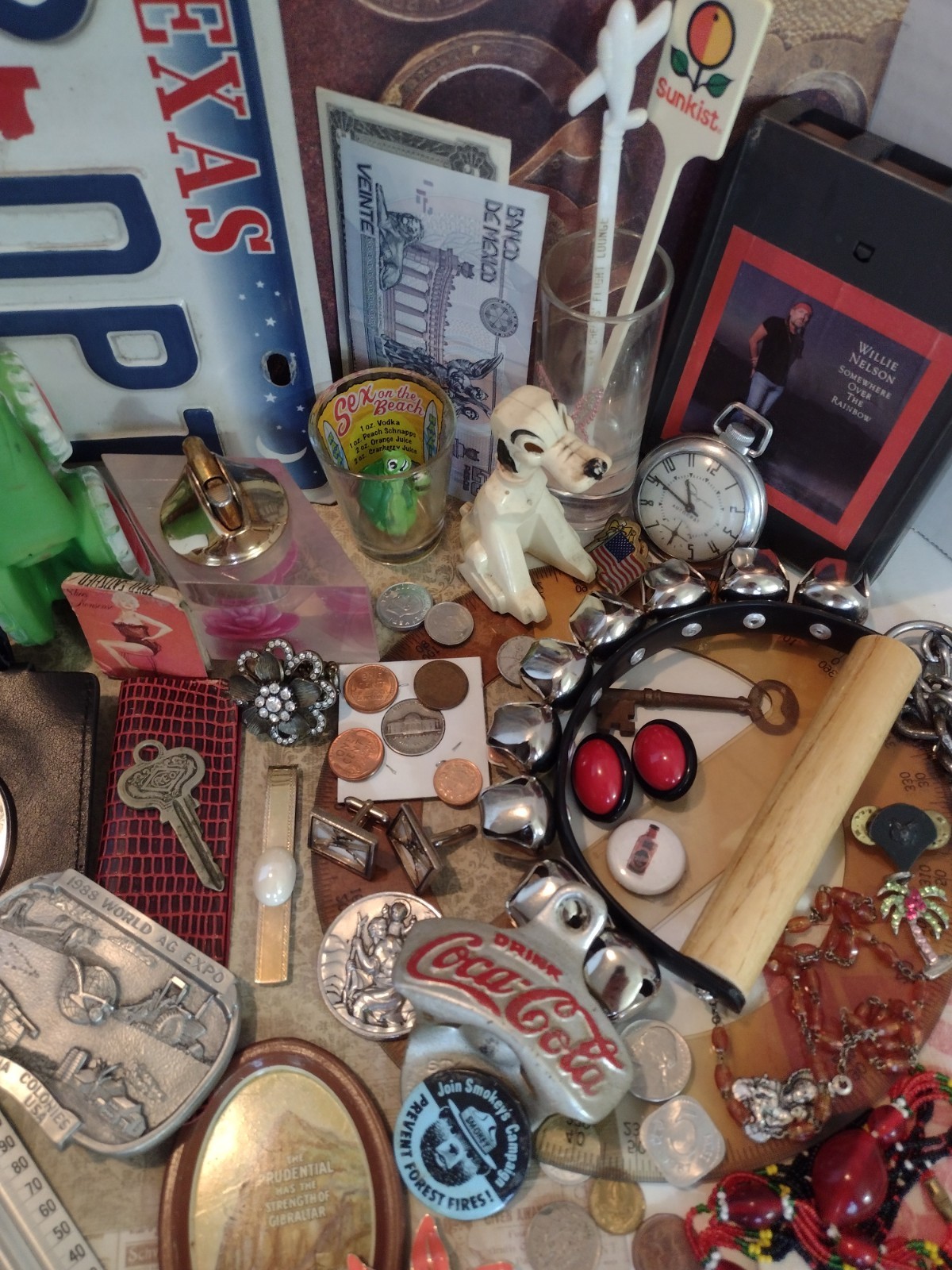 Vintage Antique Junk Drawer Lot Grandpa Pesos Wheat Pennies Knives Jewelry 7 Lbs