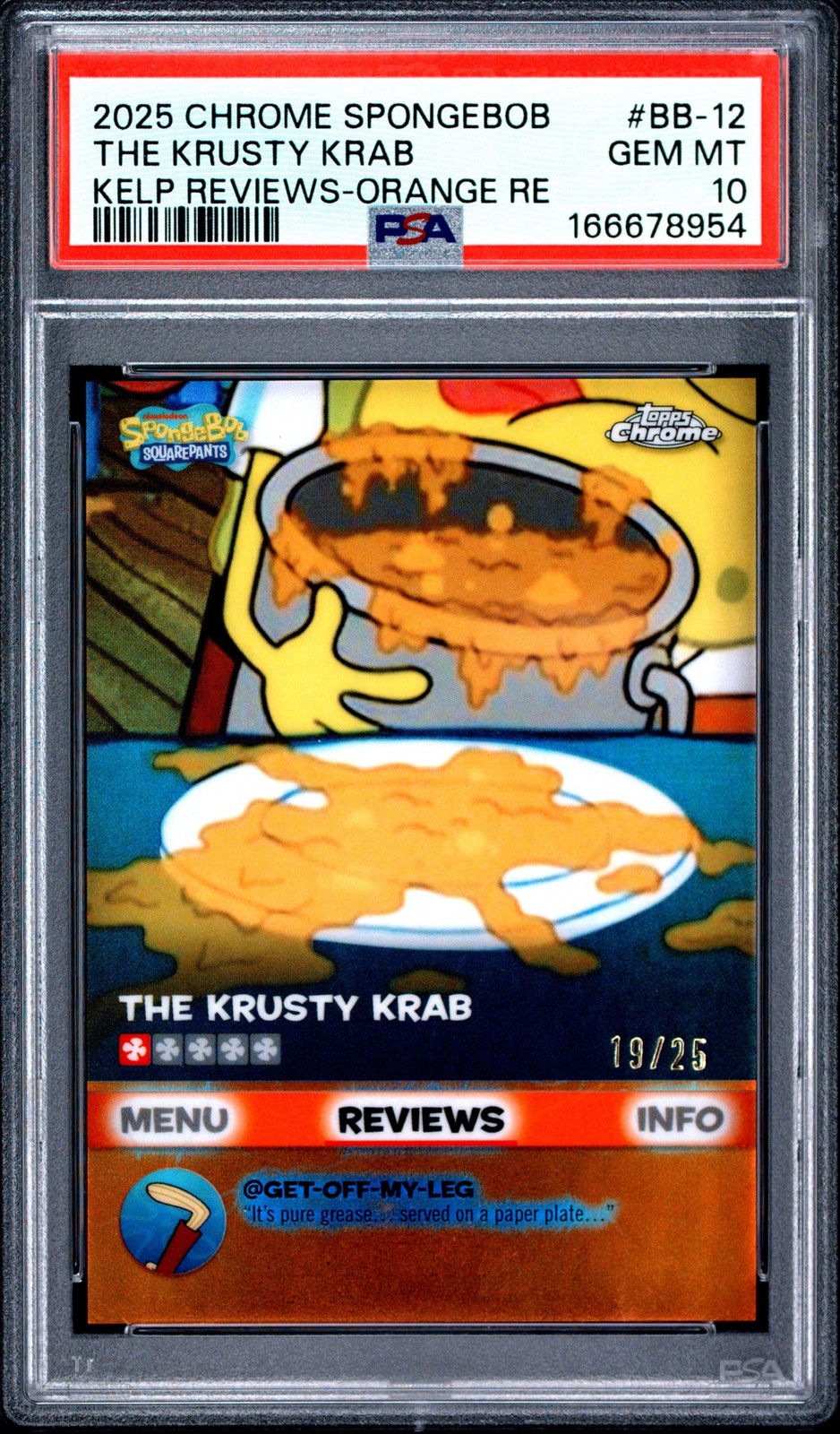2025 Topps Chrome SpongeBob SquarePants Kelp Reviews Orange /25 #BB-12 PSA 10