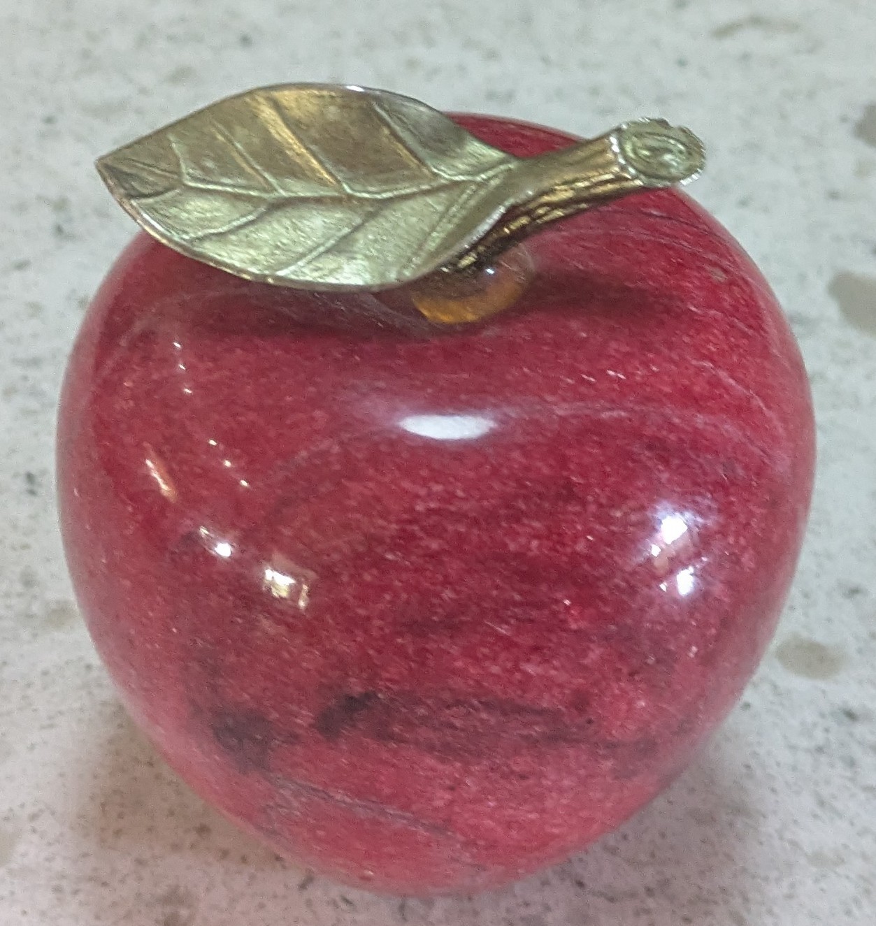 Vintage Red Stone Apple Paperweight  Brass Leaf Marble Decorative Teacher Desk