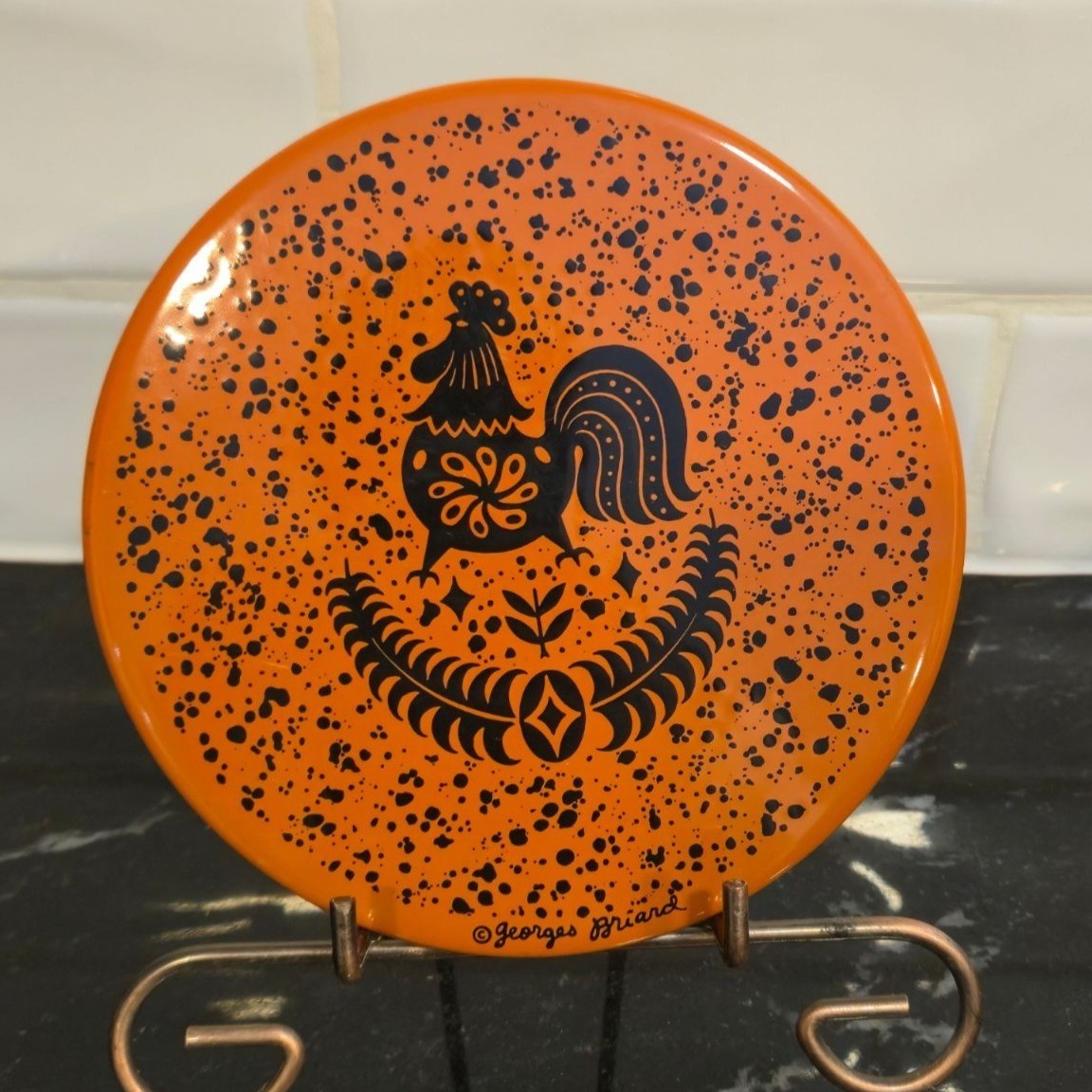 Vintage Georges Briard Round Rooster tile Metal Trivet Coaster Wall Mid century