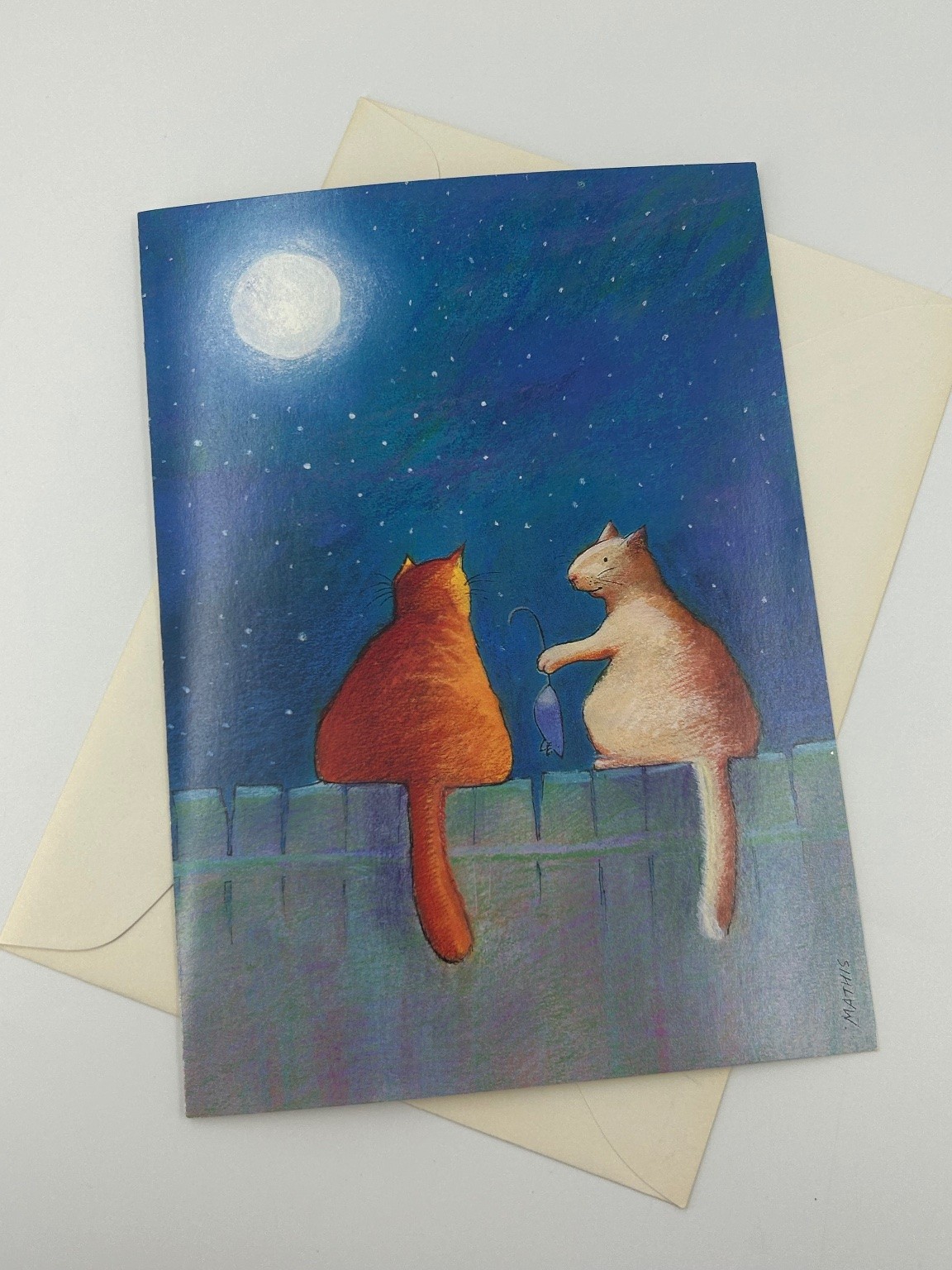 Vintage 1991 Melissa Bay Mathis Cats On The Fence Greeting Card & Envelope