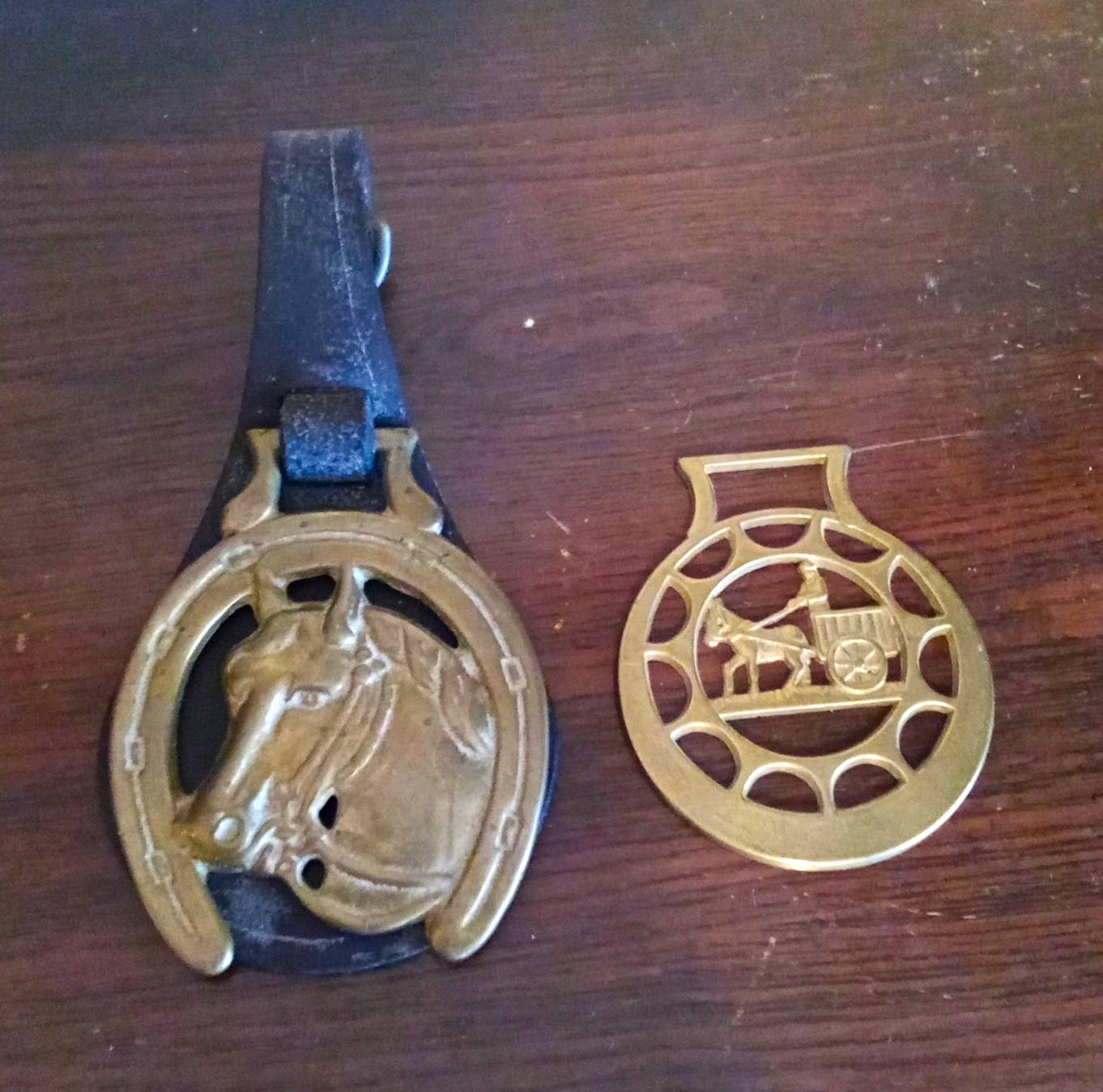 Lot of 2 Brass Halter Medallions Horse Head on Horse Shoe & Wagon Leather Holder