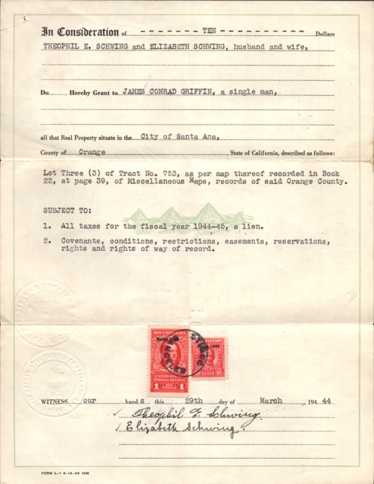 1944 SANTA ANA, CALIFORNIA (ORANGE) wartime property sale agreement GRANT DEED