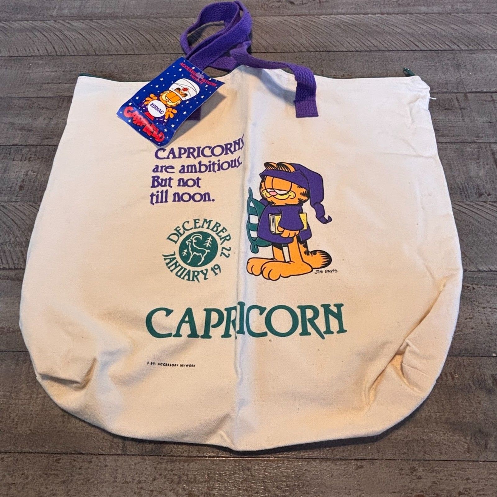 Vintage 1994 Garfield Zodiac Canvas Tote Bag Accessory Network Capricorn Purple
