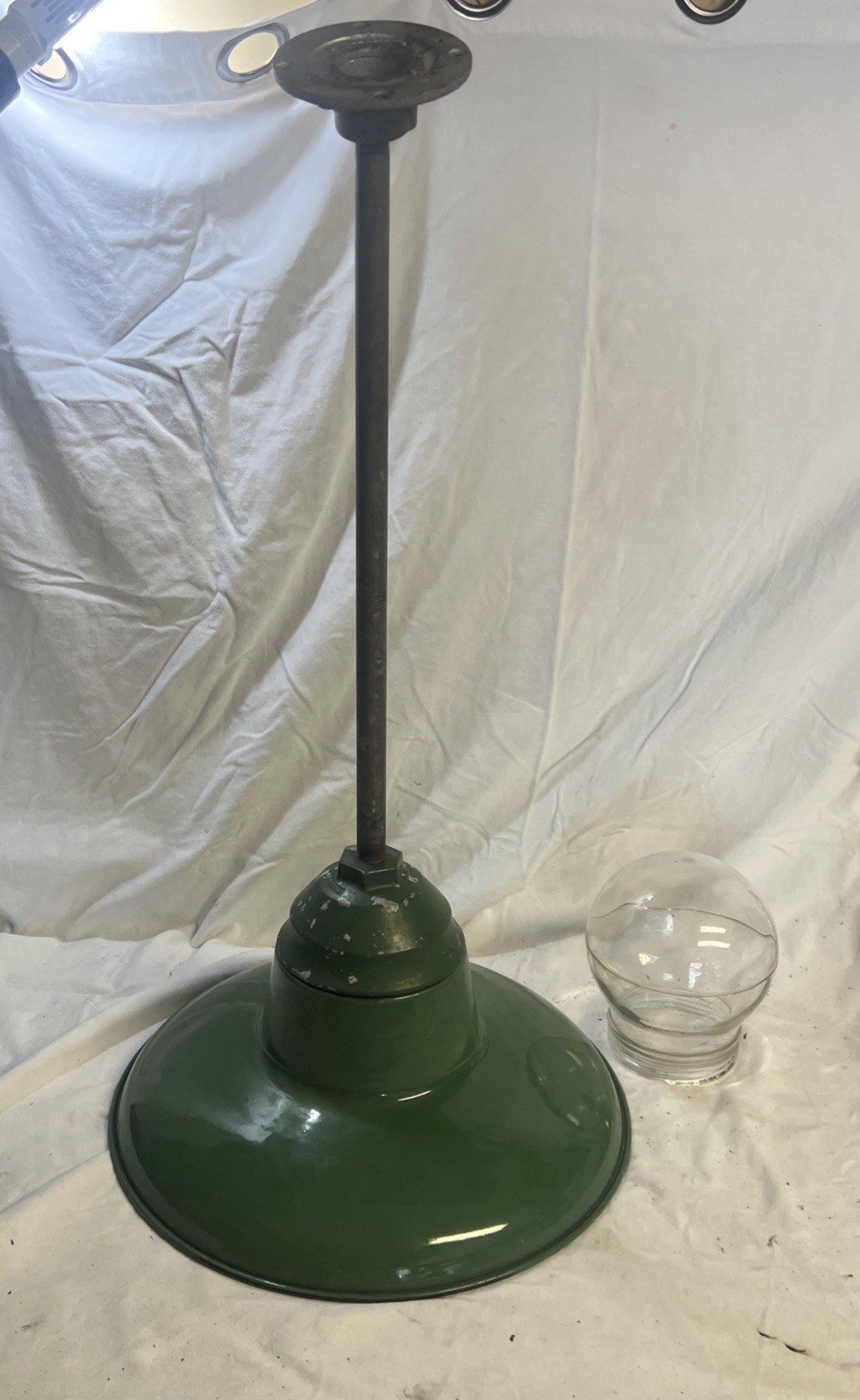 Vintage Crouse-Hinds Green Porcelain Barn Light 16” Benjamin Glass Globe