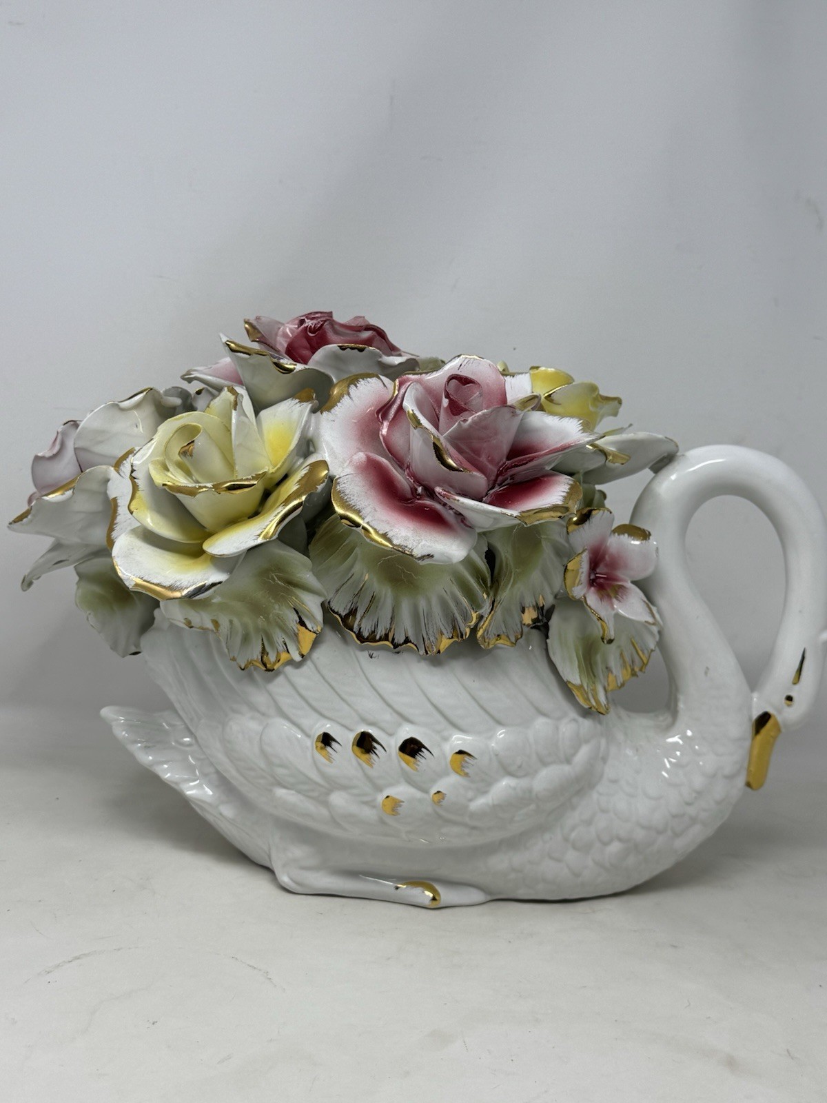 Capodimonte Swan With Flowers Made In Italy, Vintage Size XL 15x10” VHTF HEAVY