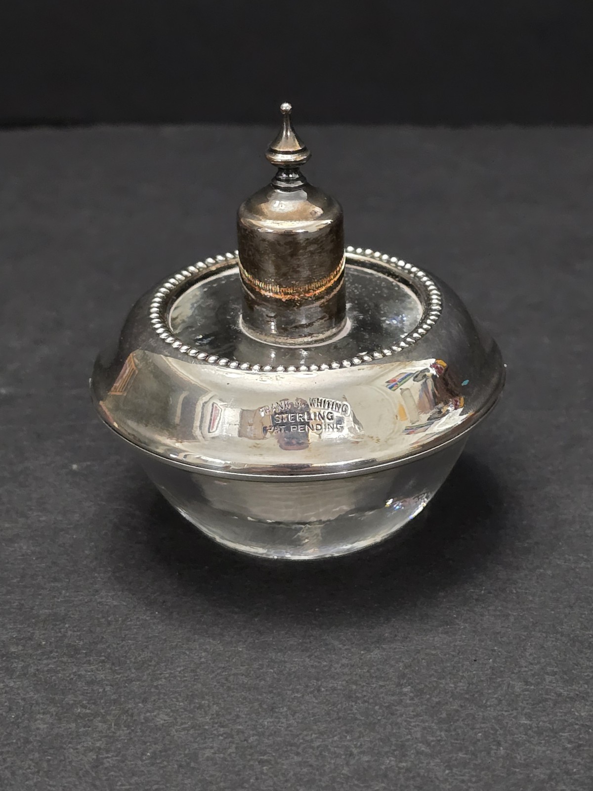 Frank M Whiting Sterling Silver Glass Table Cigarette Lighter Pat Pending Vtg