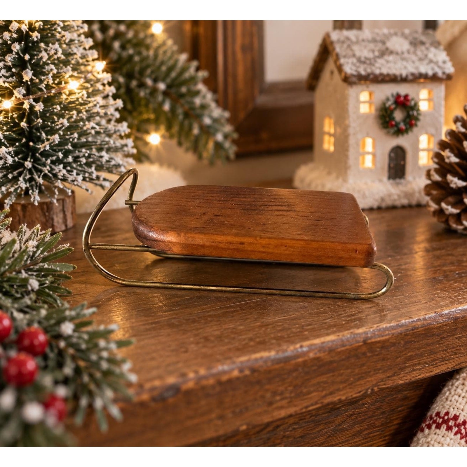 Vintage Wooden Christmas Sleigh, Brass Runners, Rustic Holiday Decor