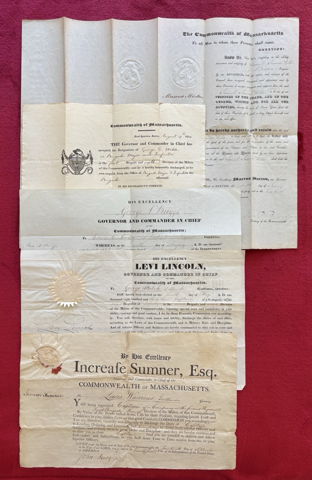 1797-1848 APPOINTMENTS OF MASSASCHUSETTS MILITIA OFFICERS - SIGNED BY GOVERNORS