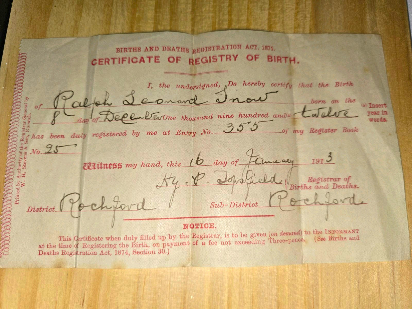 Original 1913 UK Birth Certificate Ralph L Drews, Rochford Essex Born 8 Dec 1912