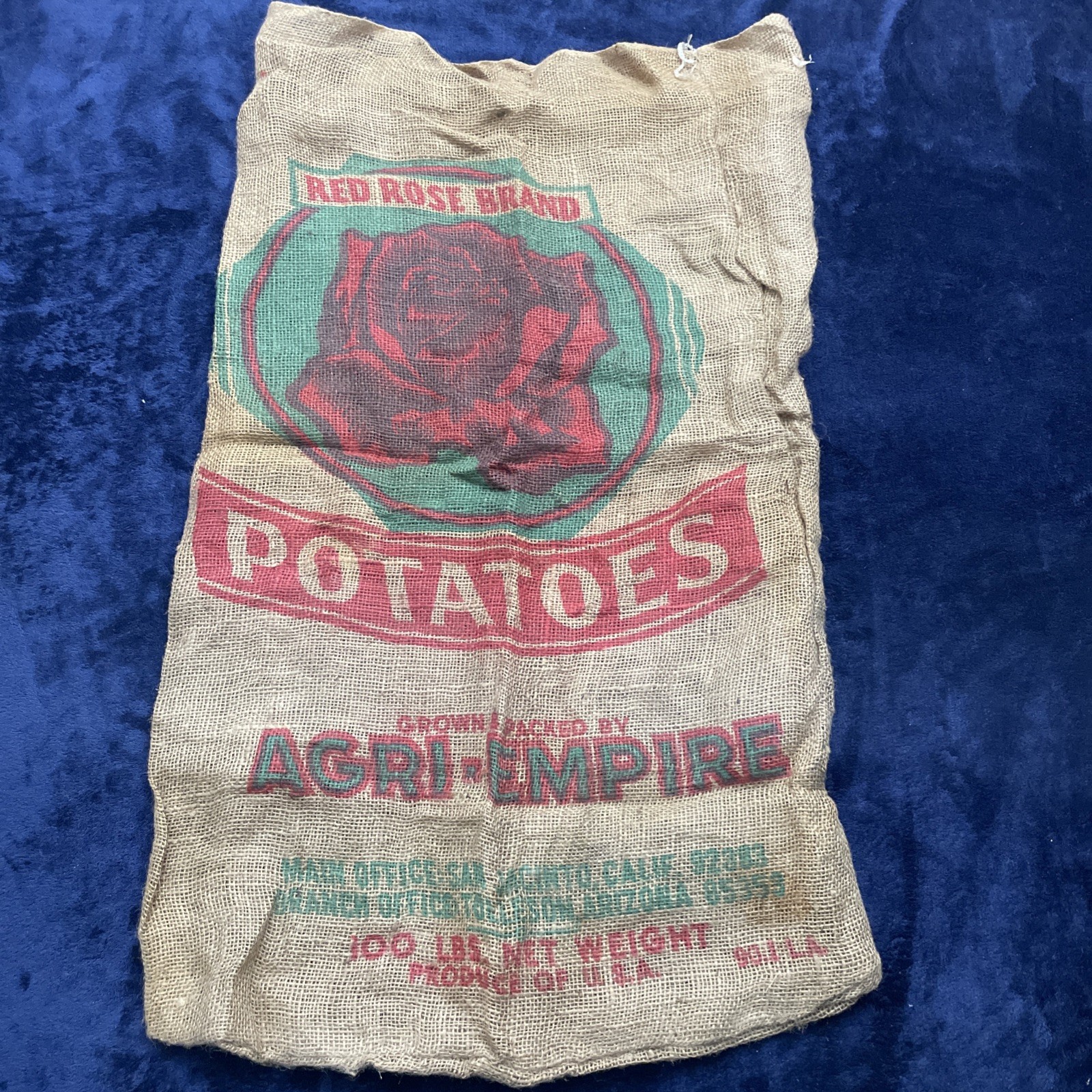 Vintage Red Rose Brand Pototoes Agri-Empire California burlap sack