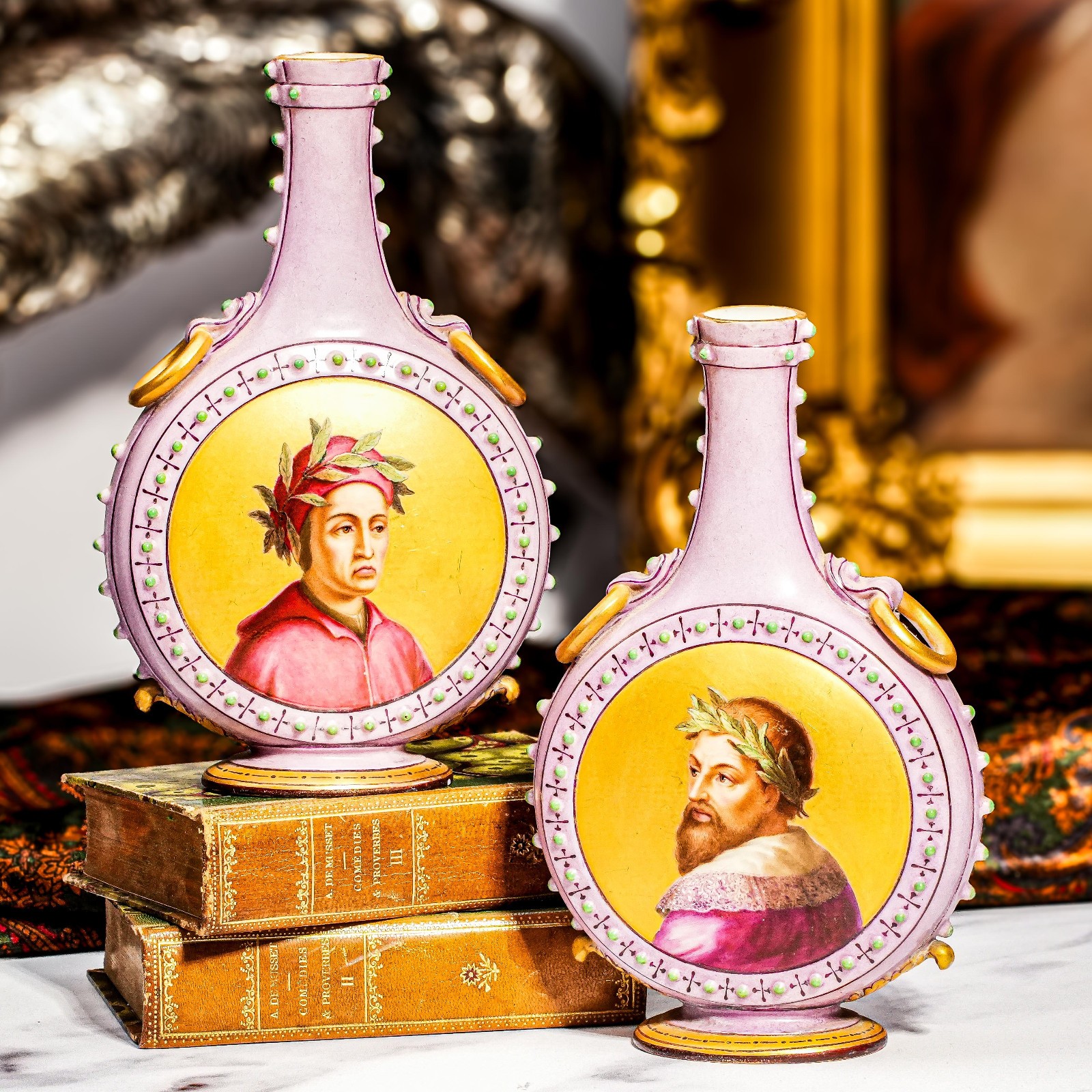 Pair Antique Hand Painted Porcelain Art Vases Bottles Aesthetic Movement