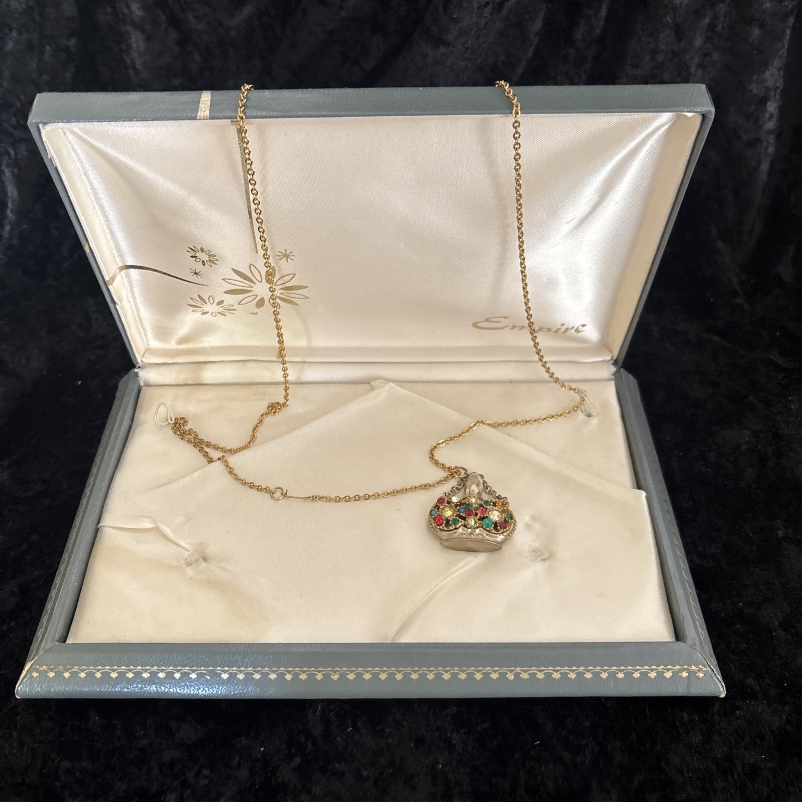 VTG Mini Jeweled Crown Perfume Bottle Pendant Gold tone&29”Cable Chain 1980’s