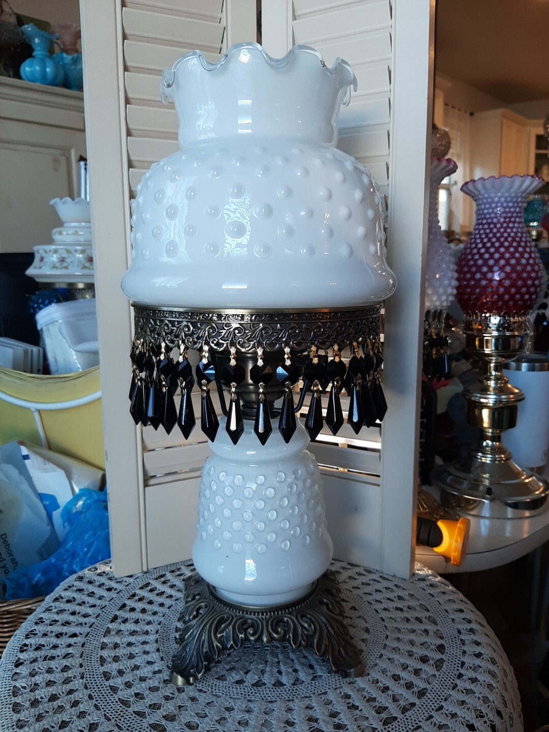 Hurricane MILK HOBNAIL Lamp Extraordinary Gorgeous BLACK CRYSTAL  GLASS PRISMS