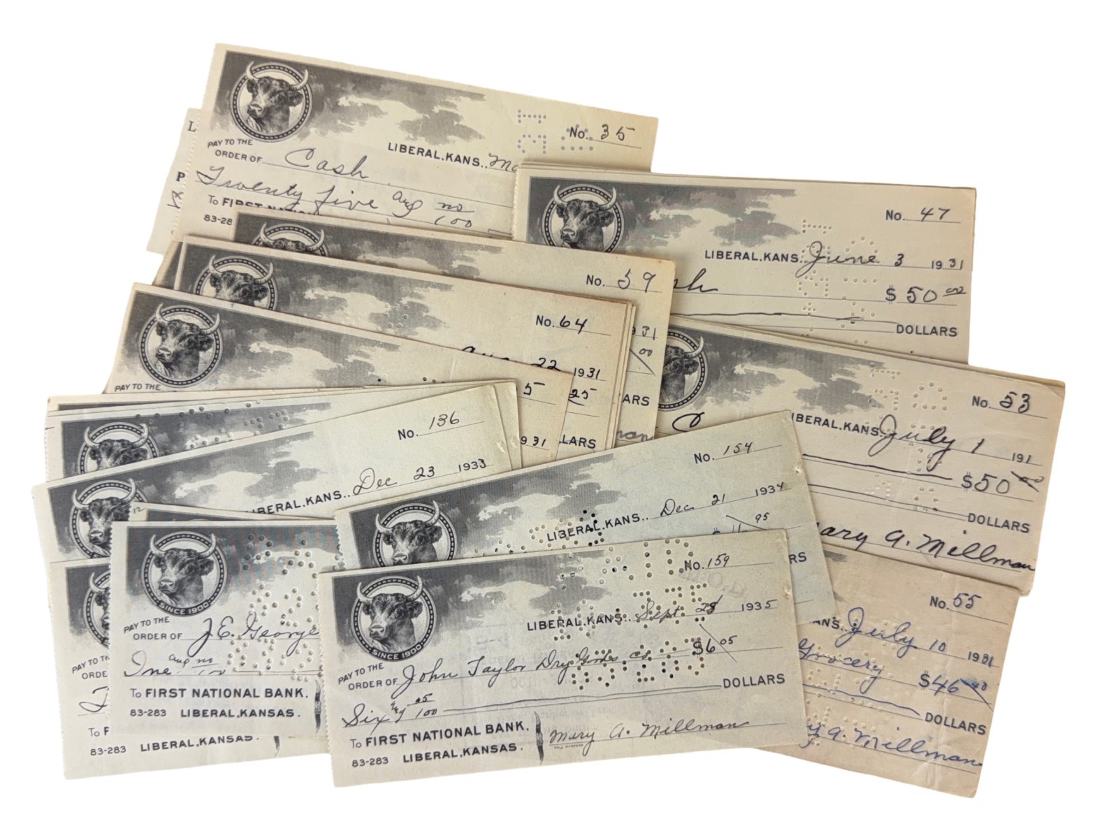 Lot 38 Antique 1930s Bank Checks First National Bank Liberal Kansas Cow Vignette
