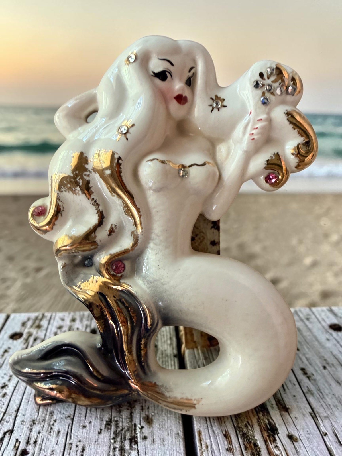 Vintage Large DEFOREST Ceramic Mermaid with Rhinestones RARE 🌴🐳 🐚