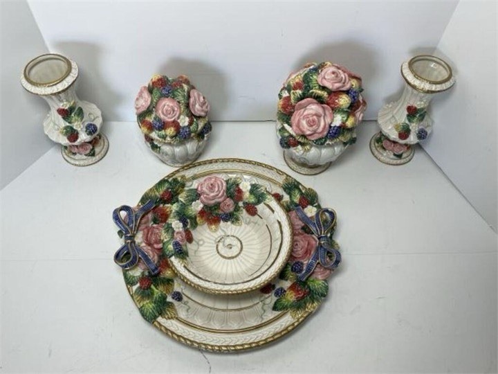 VTG 6 Pc Fitz & Floyd Serving Pieces- Vases, Platter 13”, Bowl Roses