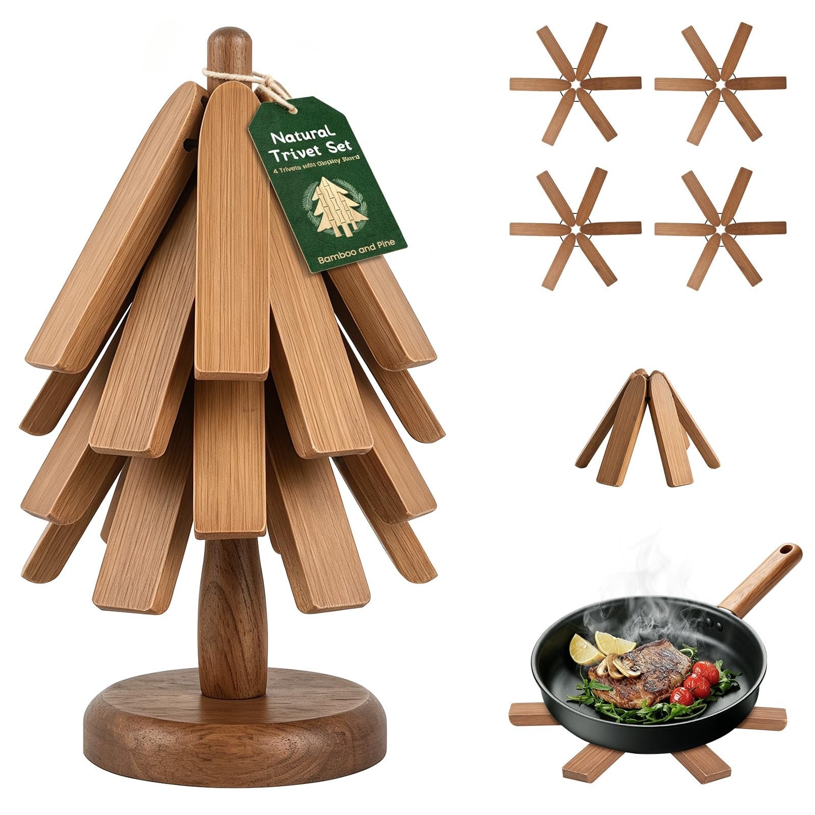 Large Wooden Trivets for Hot Dishes and Pots Stackable Trivet Tree Set of 4