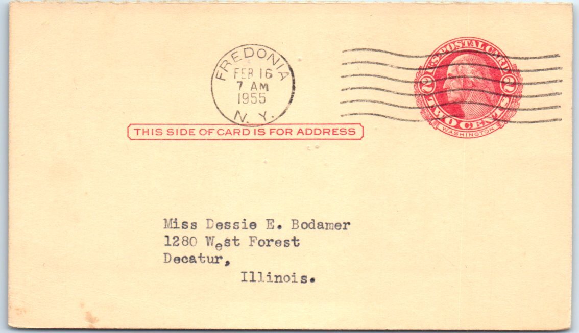 Postcard 1955 Fredonia NY Postmark US Postal Card George Washington 2 Cents Red