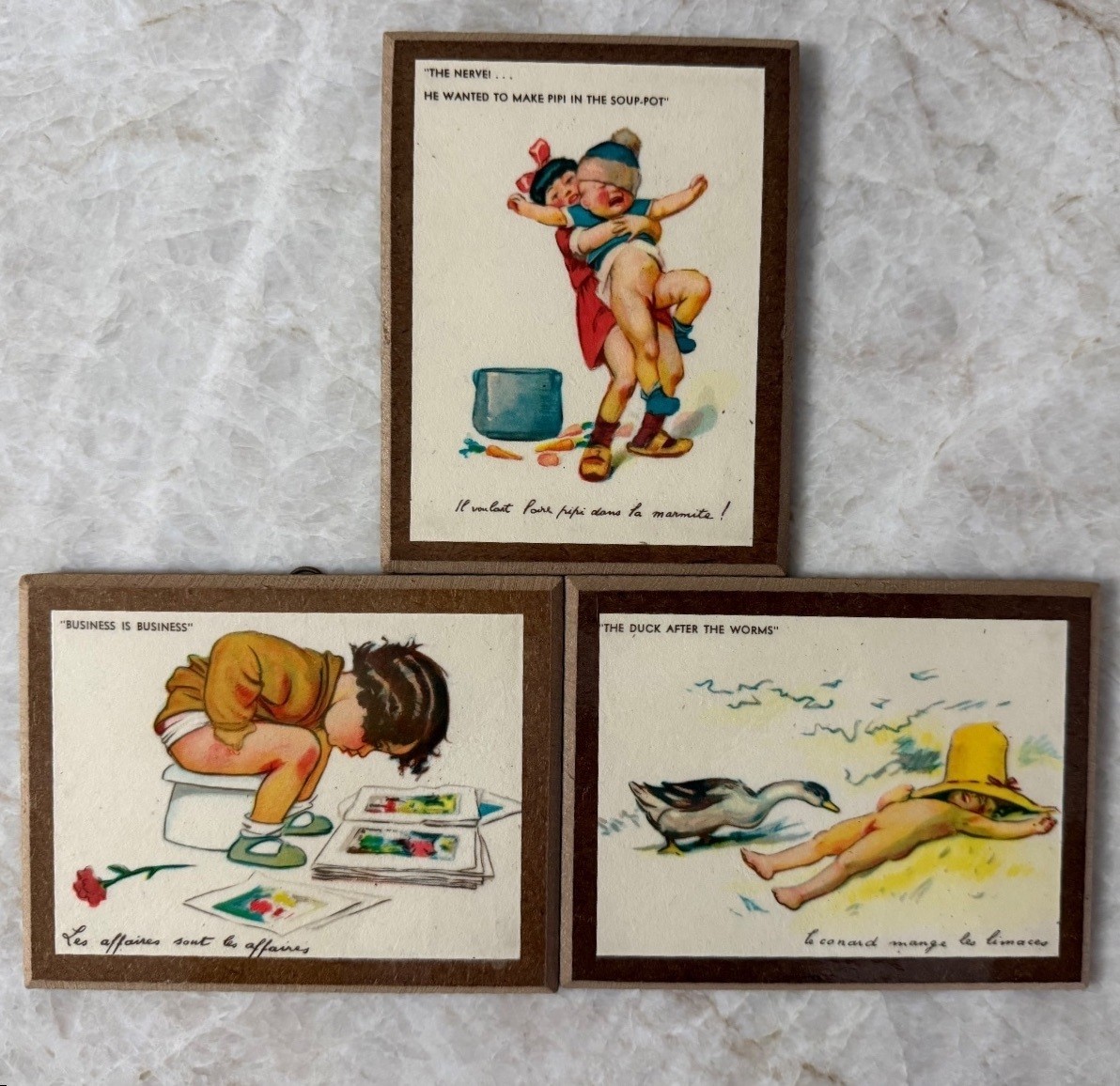 Vintage Humorous Children\'s Prints on Wood Plaques – Set of 3
