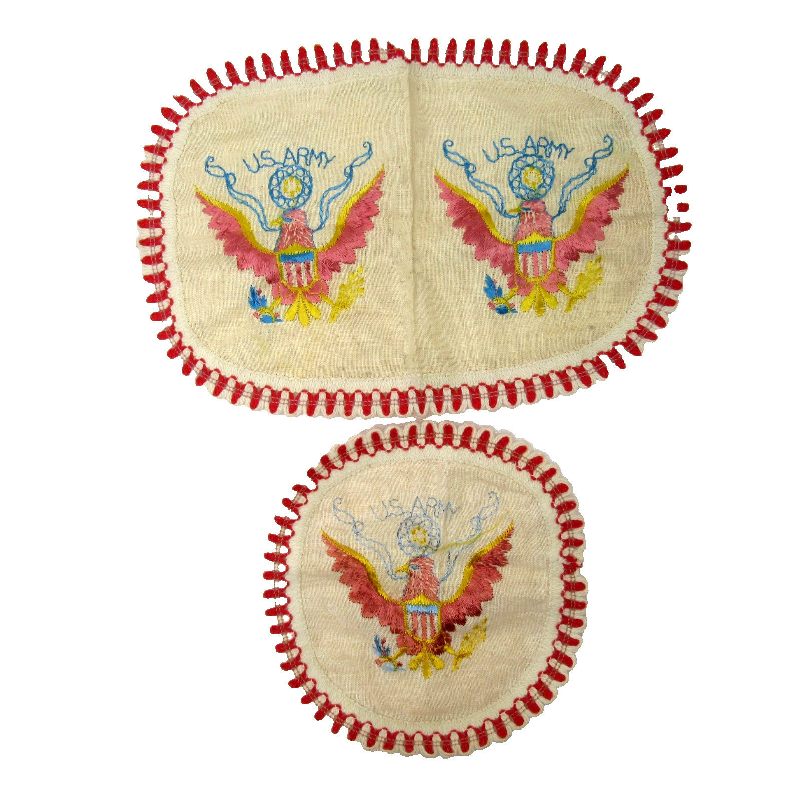 vintage US Army Eagle embroidered doilies 2-piece linen dresser table set WWII