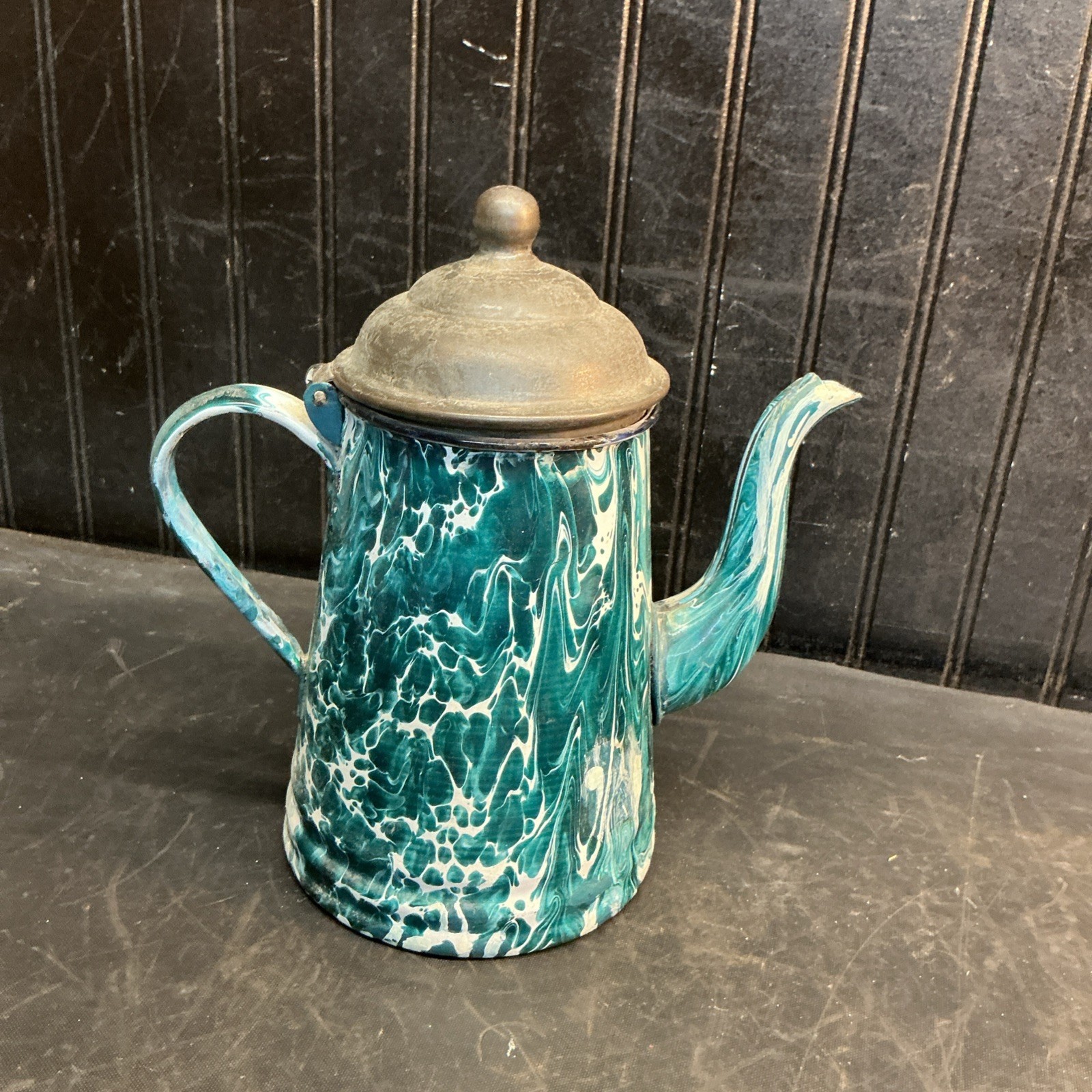 Antique Green Swirl Graniteware Coffee Pot 1890's Farm Country Cottage 
