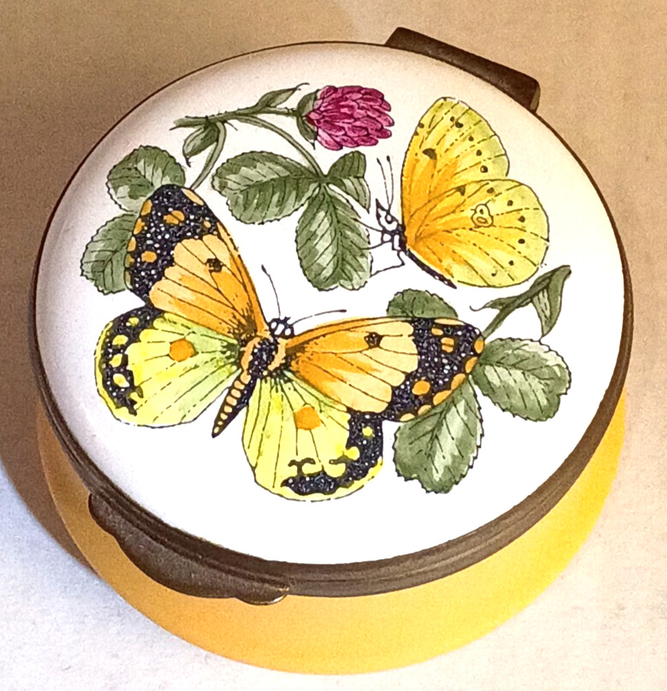 Crummles & Co England Enamel Trinket Pill Box Butterflies Rose Yellow