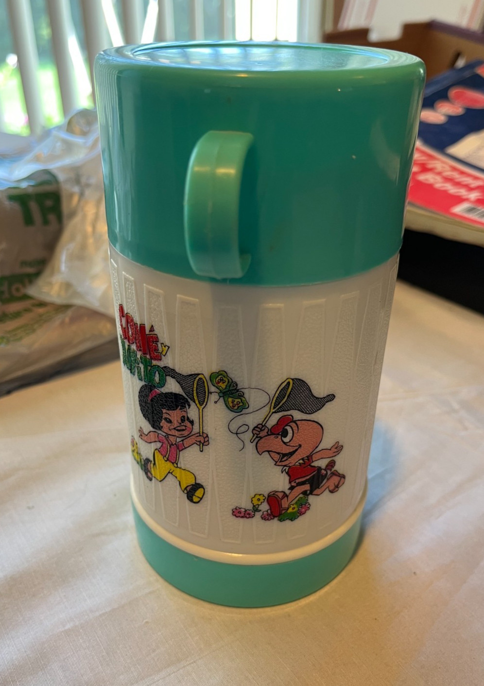Vintage CONDORITO Coné y Yuyito Graphic Teal/White Thermos w/Lid Cup Chile Comic