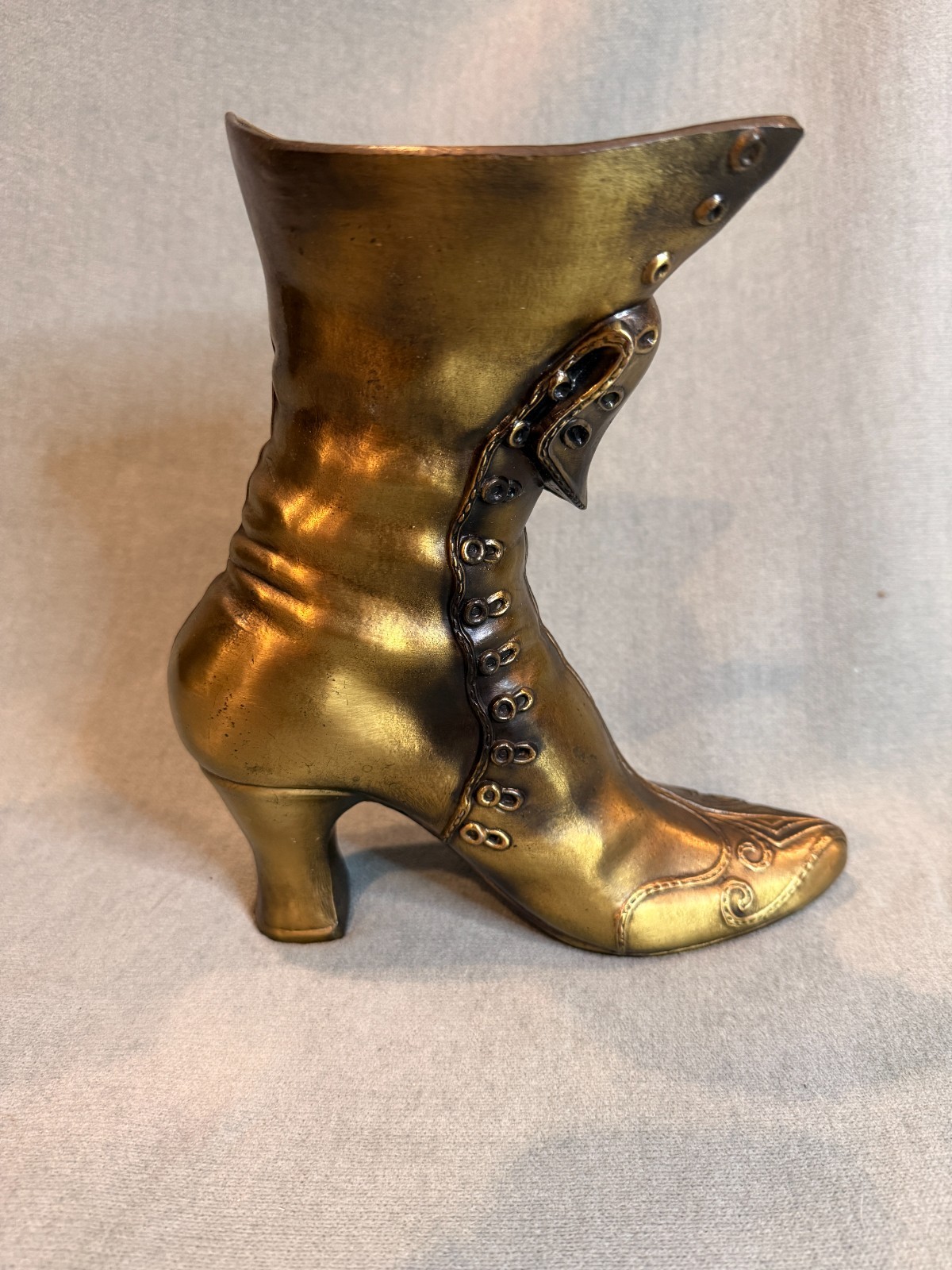 Vintage Solid Brass Victorian Lady\'s Boot Shoe Vase Planter Distressed Heavy