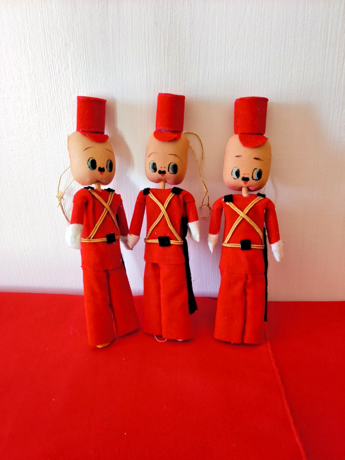 Set Of 3 Vintage Japan MCM Stick Head Soldier Ornaments Felt Pixie Elf 1950s