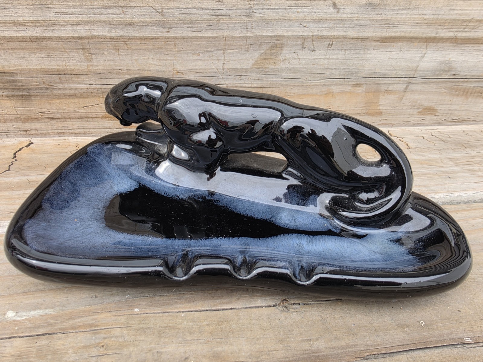 Vintage Mid-Century Ceramic Black Panther Ashtray 11 Inch Glazed MCM Tobacciana