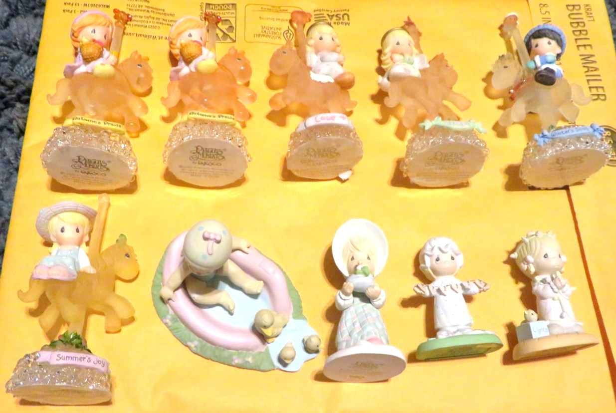 6 SPUN GLASS PRECIOUS MOMENTS CAROUSEL FIGURES + 4 OTHER SMALL FIGURINES