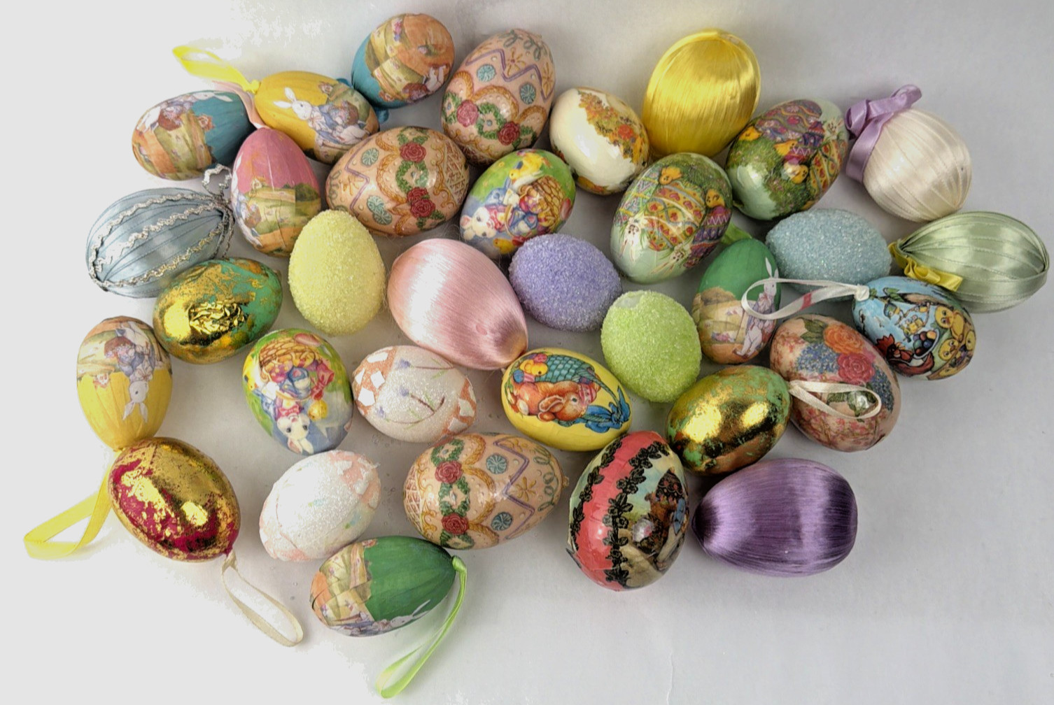 Vintage Sugared Easter Egg Ornaments Lot Papier Mache Pastel Ribbon Decorations
