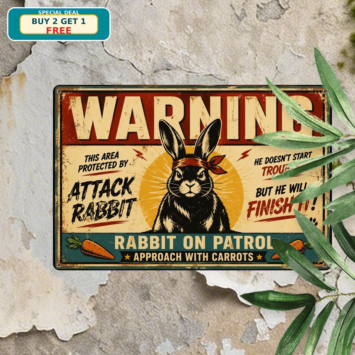 Beware of Attack Rabbit Funny Guard Bunny Animal Danger Metal Sign 8x12