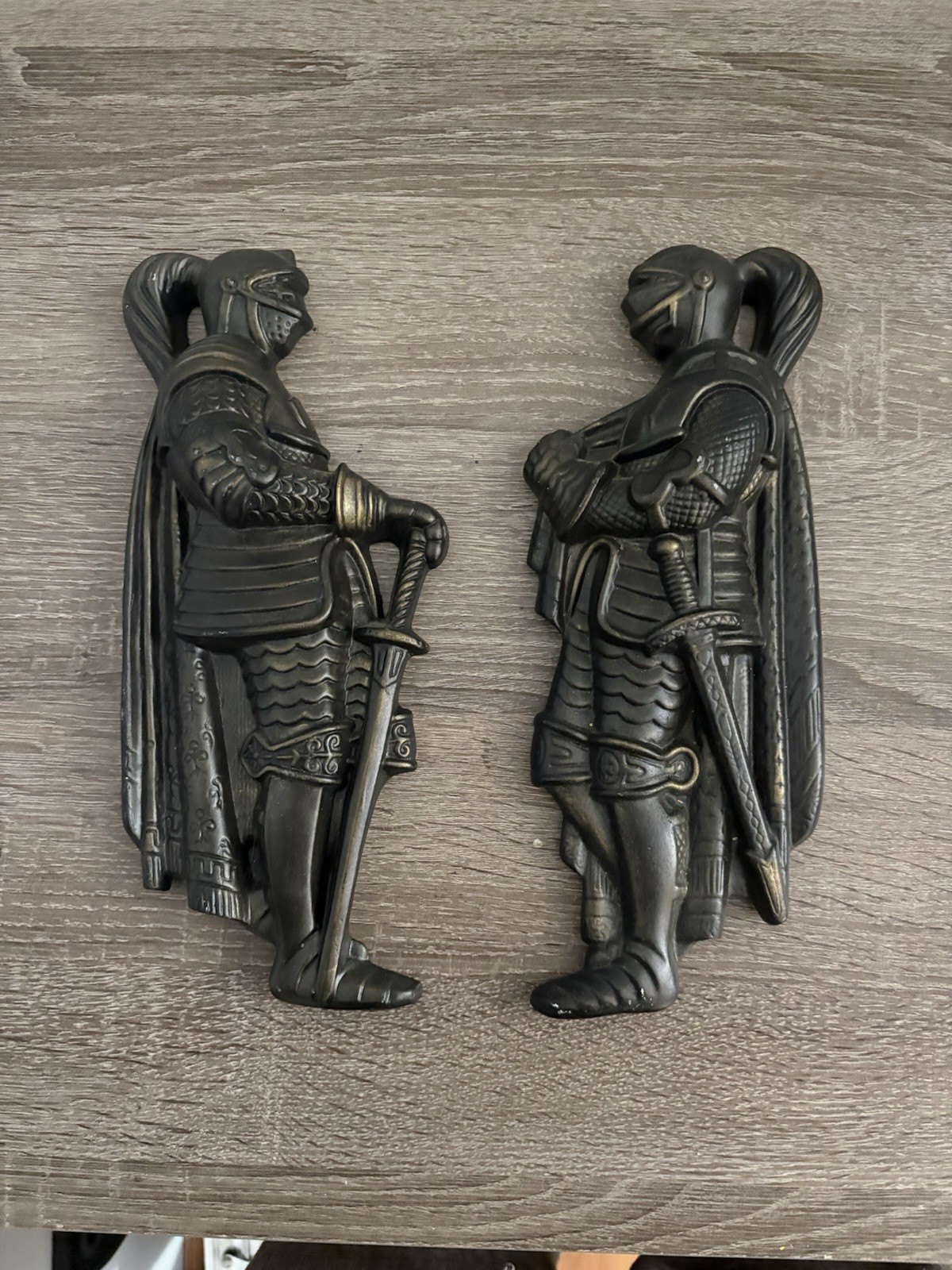Vintage 1967 Medieval Knight Wall Plaques Pair Black Gold Armor Sword MCM Decor