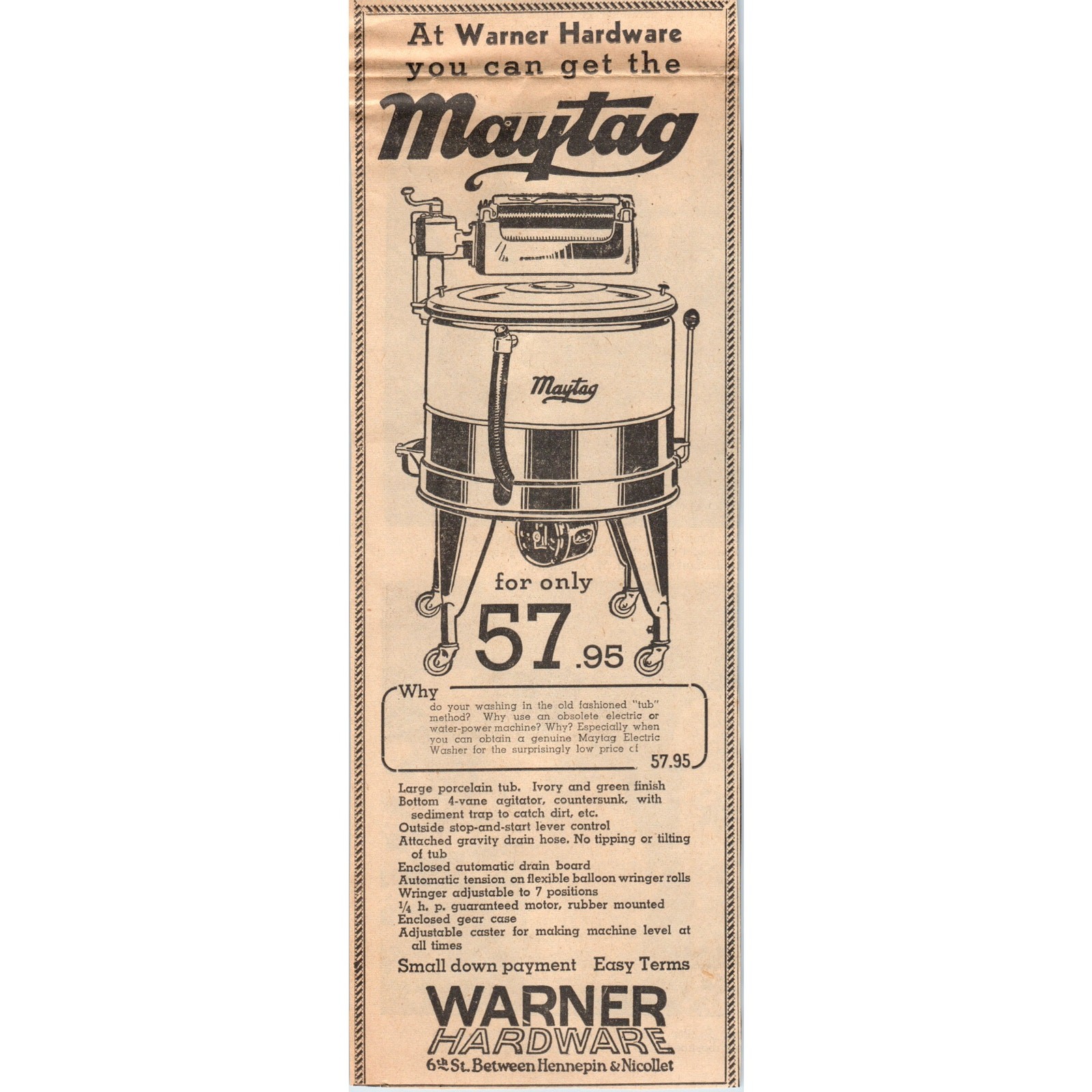 1935 Mpls Journal Newspaper Ad Warner Hardware Maytag Washing Machines FL5-3