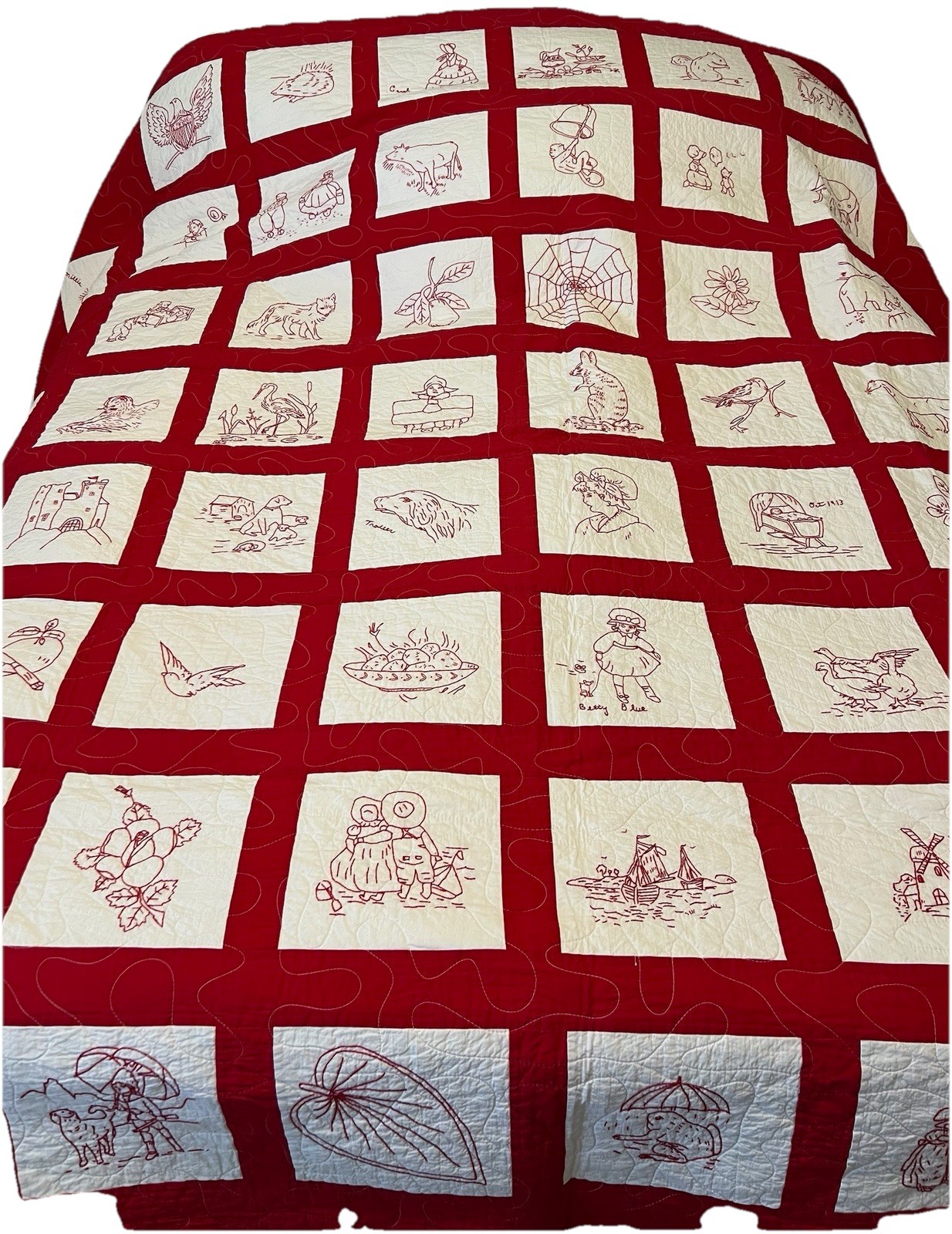 Antique Redwork Album Quilt – Hand Embroidered, 87in X 85in ,Pristine Cond.