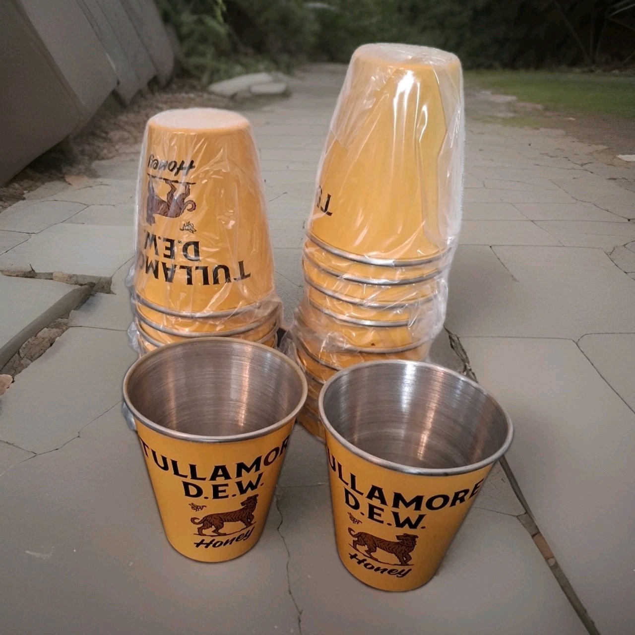 Tullamore D.E.W. Honey Irish Whiskey Pair of 2 Yellow Metal Shot Glasses NEW