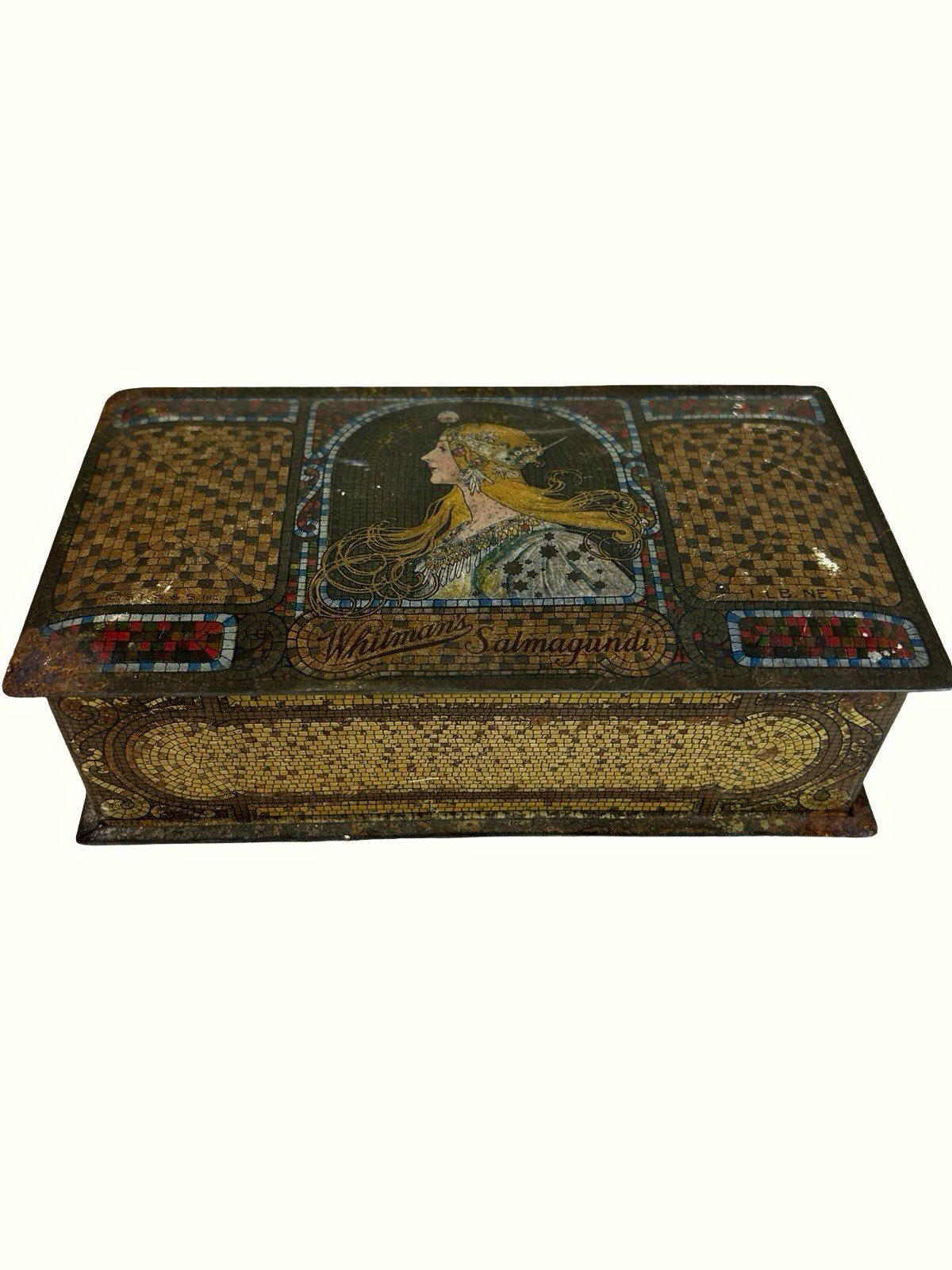 Vintage Whitmans Chocolate Hinged Tin Box 7.5” x 4” Has wear/rust-see pics