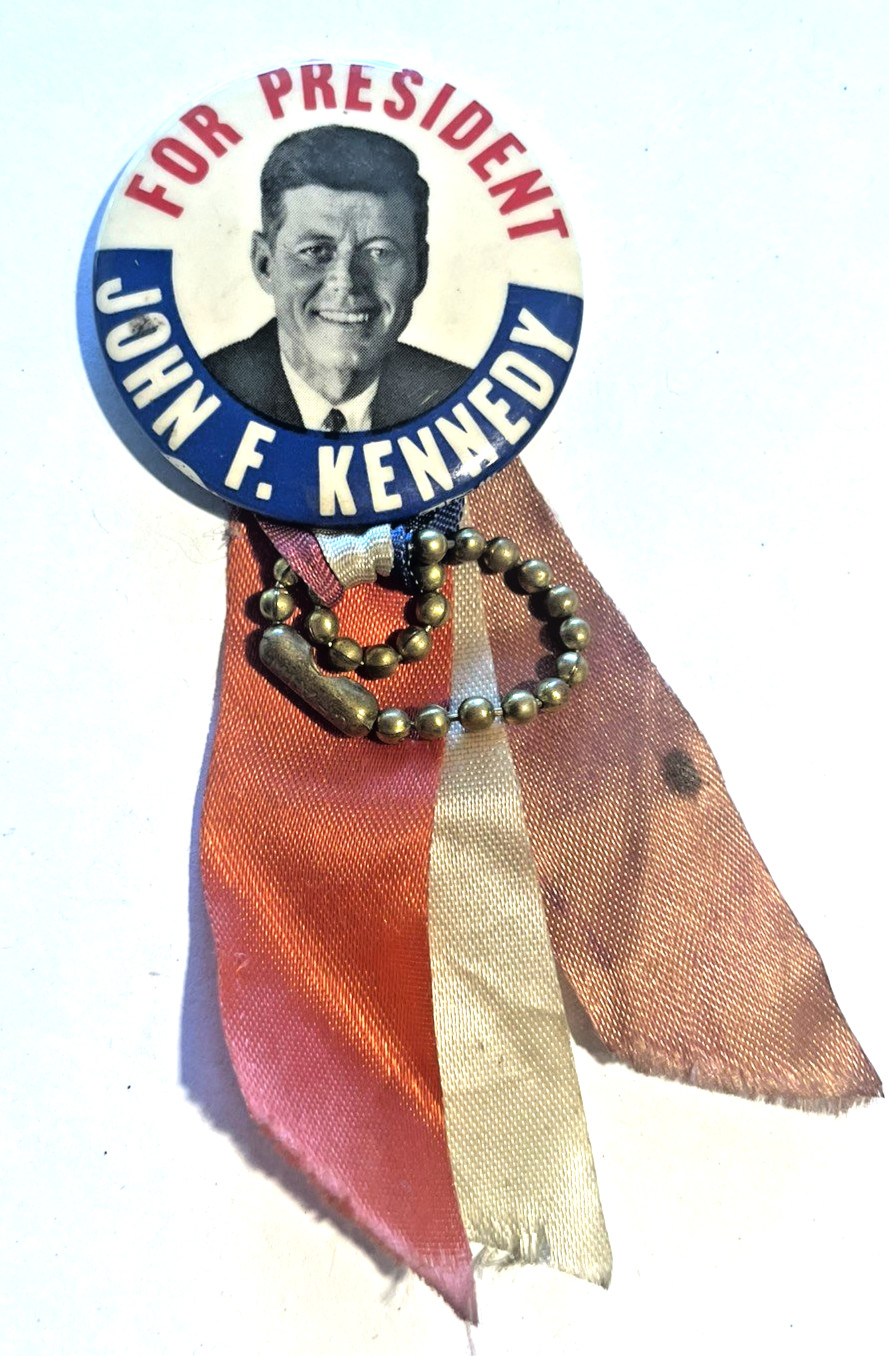 Vintage 1960 John F Kennedy Pinback Political Campaign Button & Ribbon Ship Free