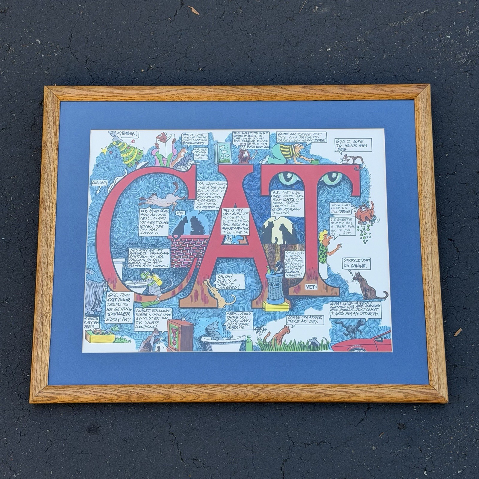 Peter Prints Humorous “CAT” 80s 1986 Wall Art Wood Framed 21