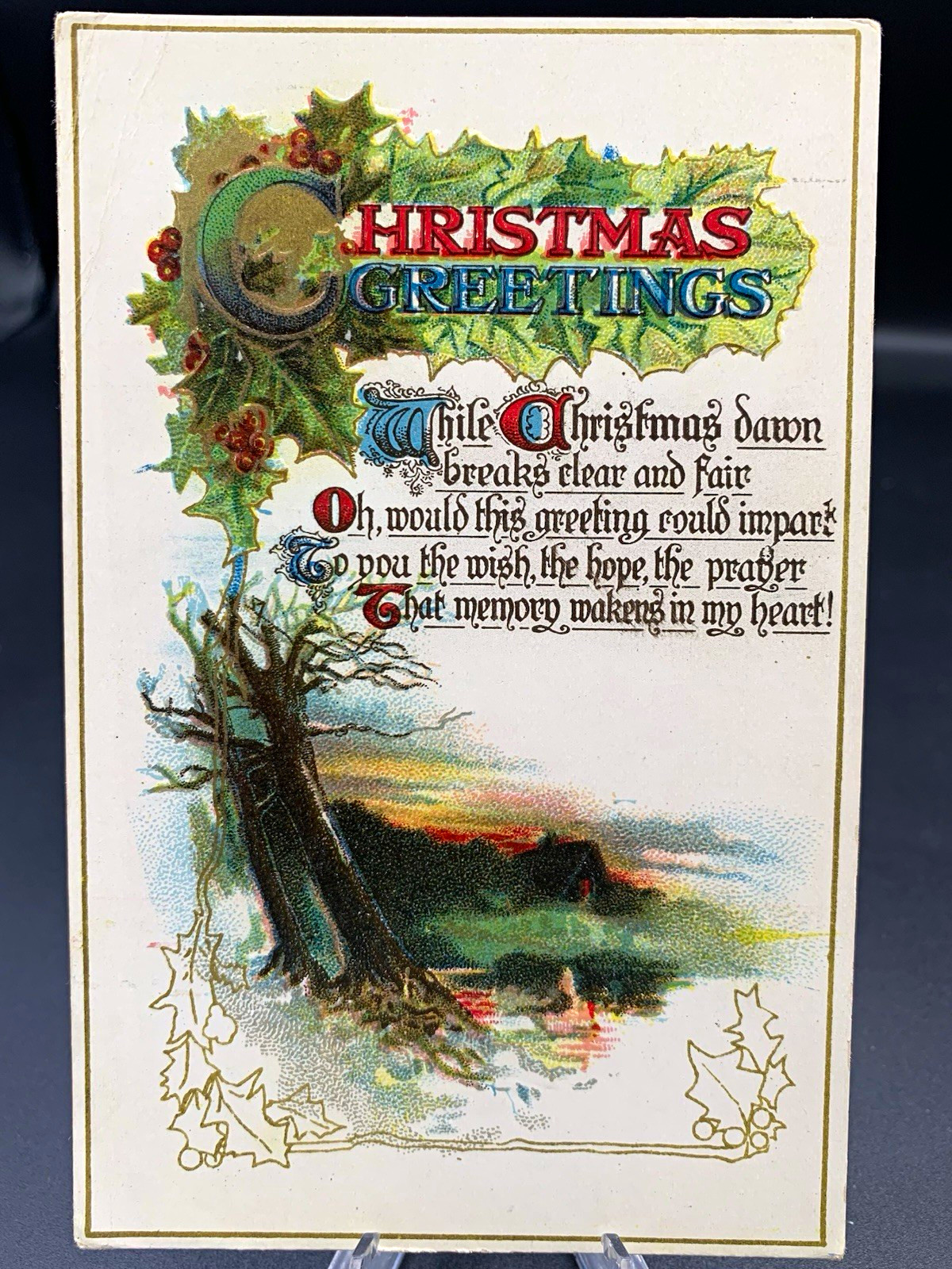 Christmas Greetings - vintage embossed multicolor holiday postcard