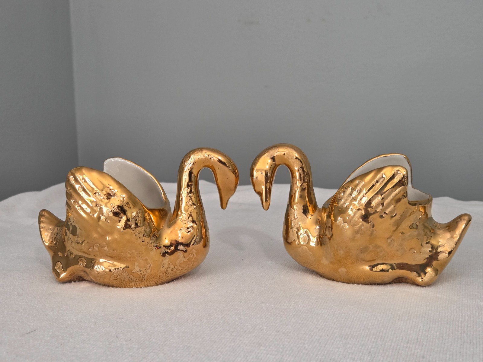 Vintage MCM Holley Ross 22k Gold Swan Planter Set-Distinguished China-Pair-Mint