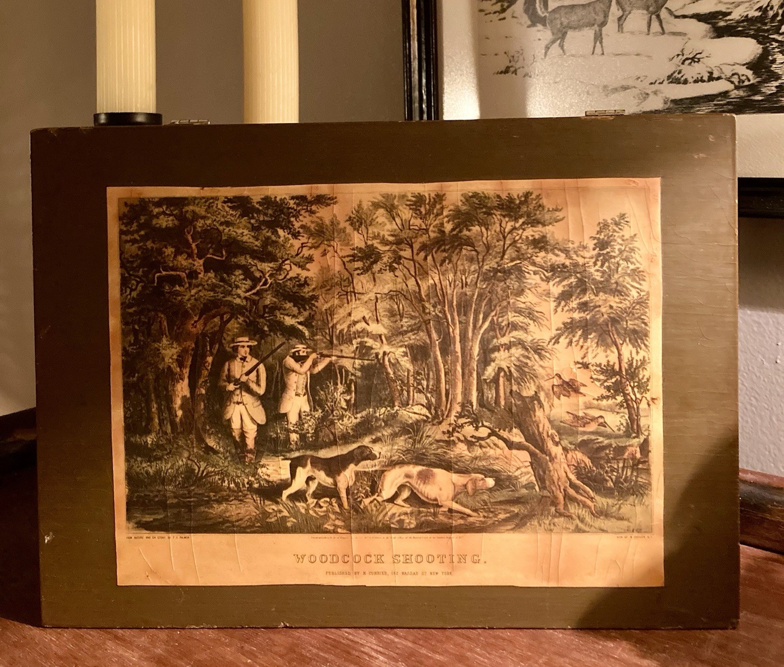 VTG “Woodcock Shooting” Currier & Ives reproduction Lithograph on Wooden Box