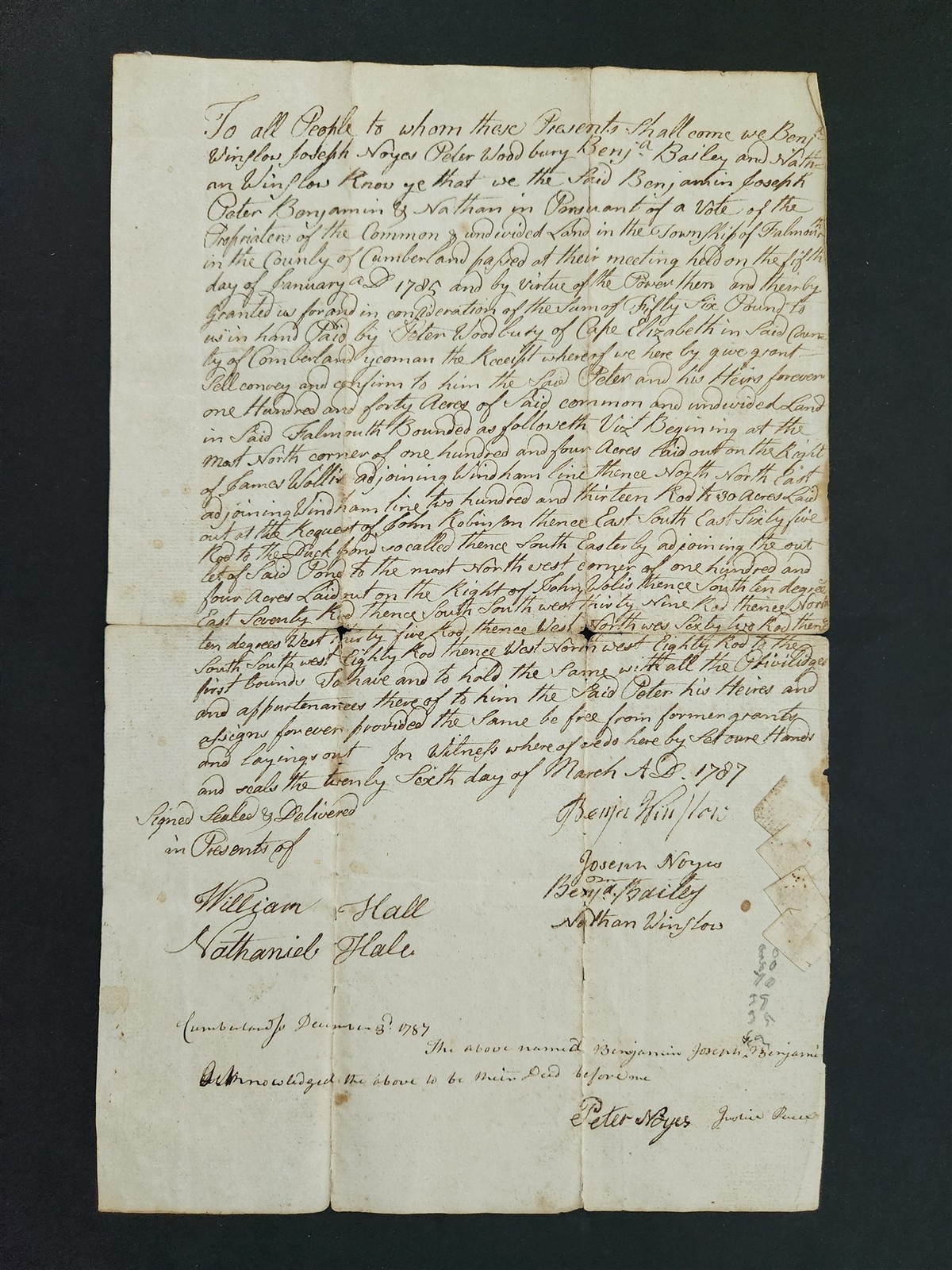 1787 antique JACOBS NOYES BAILEY WINSLOW to WOODBURY DEED falmouth me land 